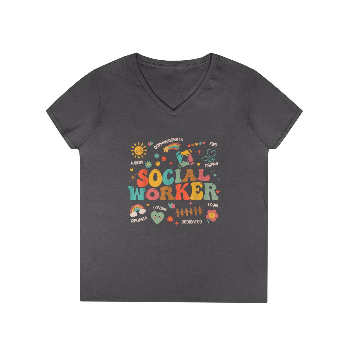 Ladies' V-Neck T-Shirt — Colorful 'October' Retro Fall Graphic Tee - Social Worker