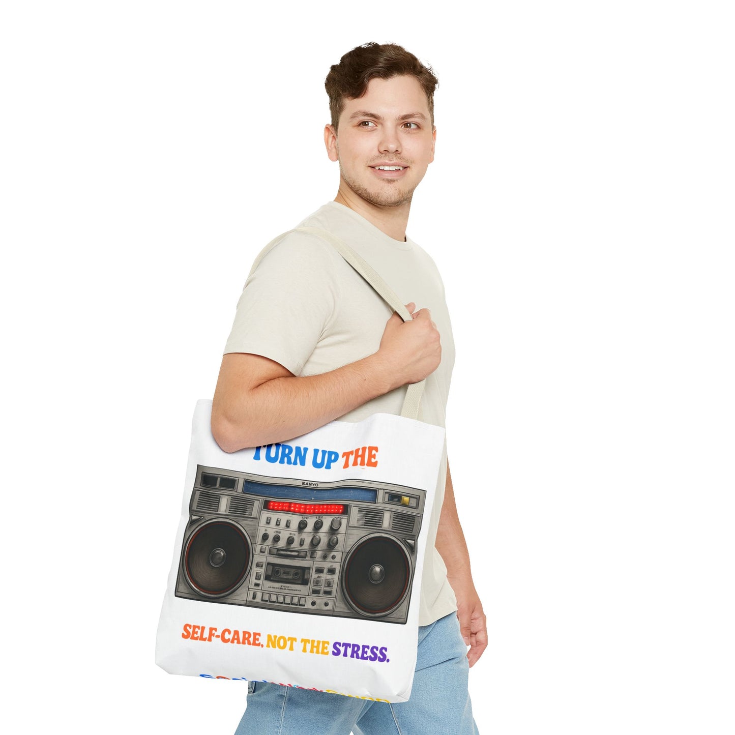 Turn Up the Self-Care Tote Bag — Retro Boombox 'Self-Care, Not the Stress' (Mental Health/Social Worker)