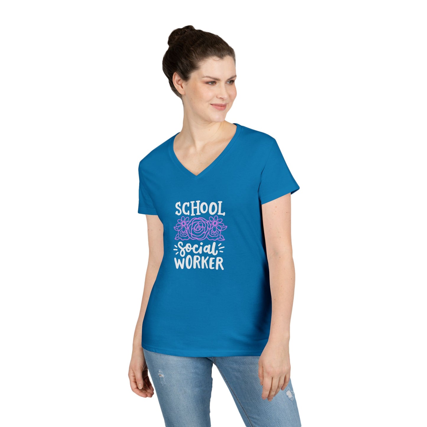 School Social Worker Ladies' V-Neck T-Shirt — Pink Floral Appreciation Gift