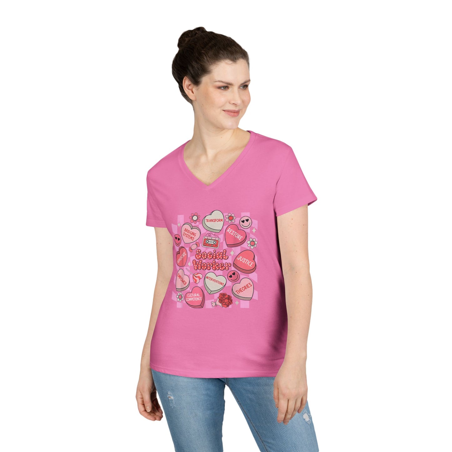 Valentine Candy Hearts Ladies' V-Neck T-Shirt — Sweetheart Messages Graphic Tee - Social Worker