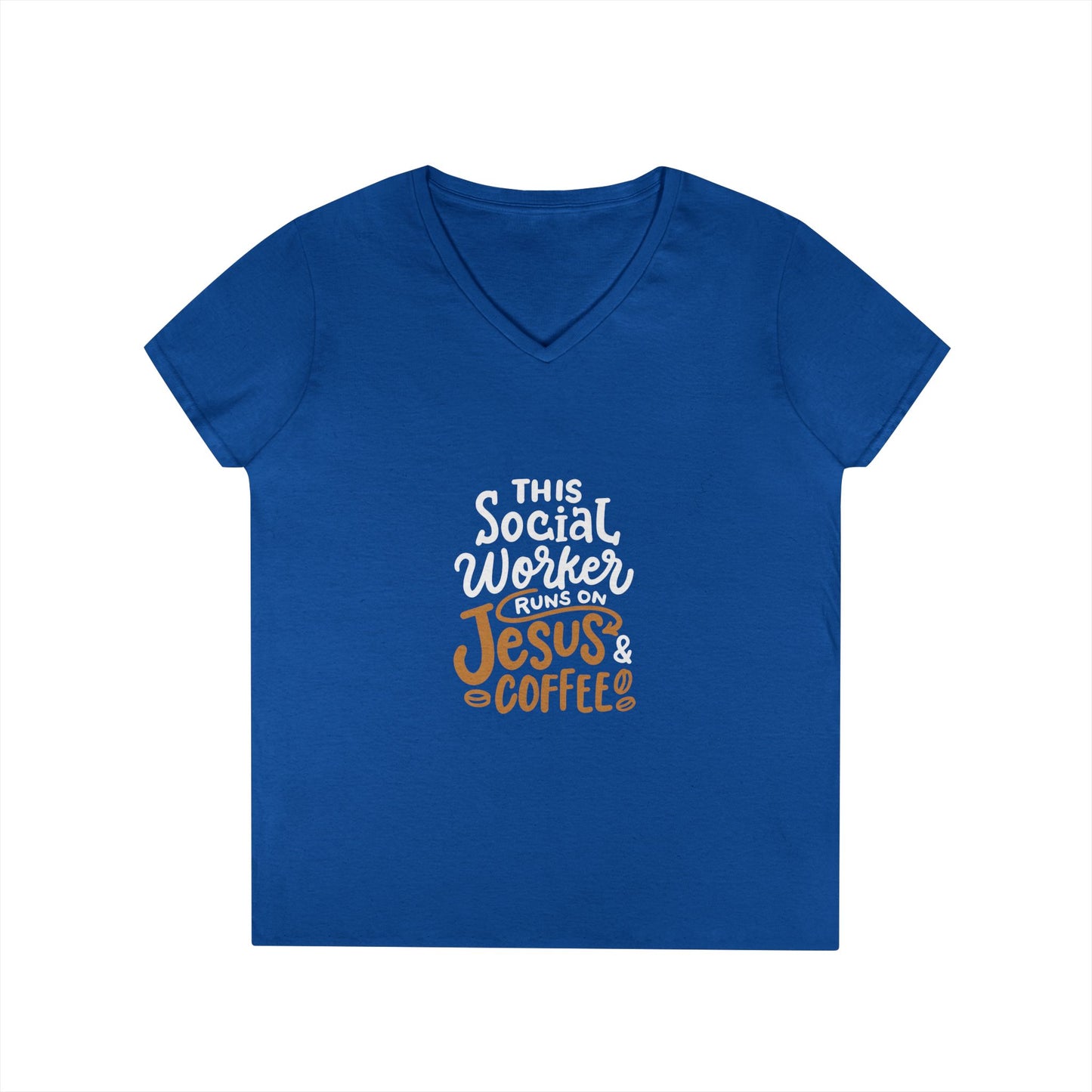 Ladies' V-Neck T-Shirt — "This Social Worker Runs on Jesus & Coffee" Christian Social Worker Tee