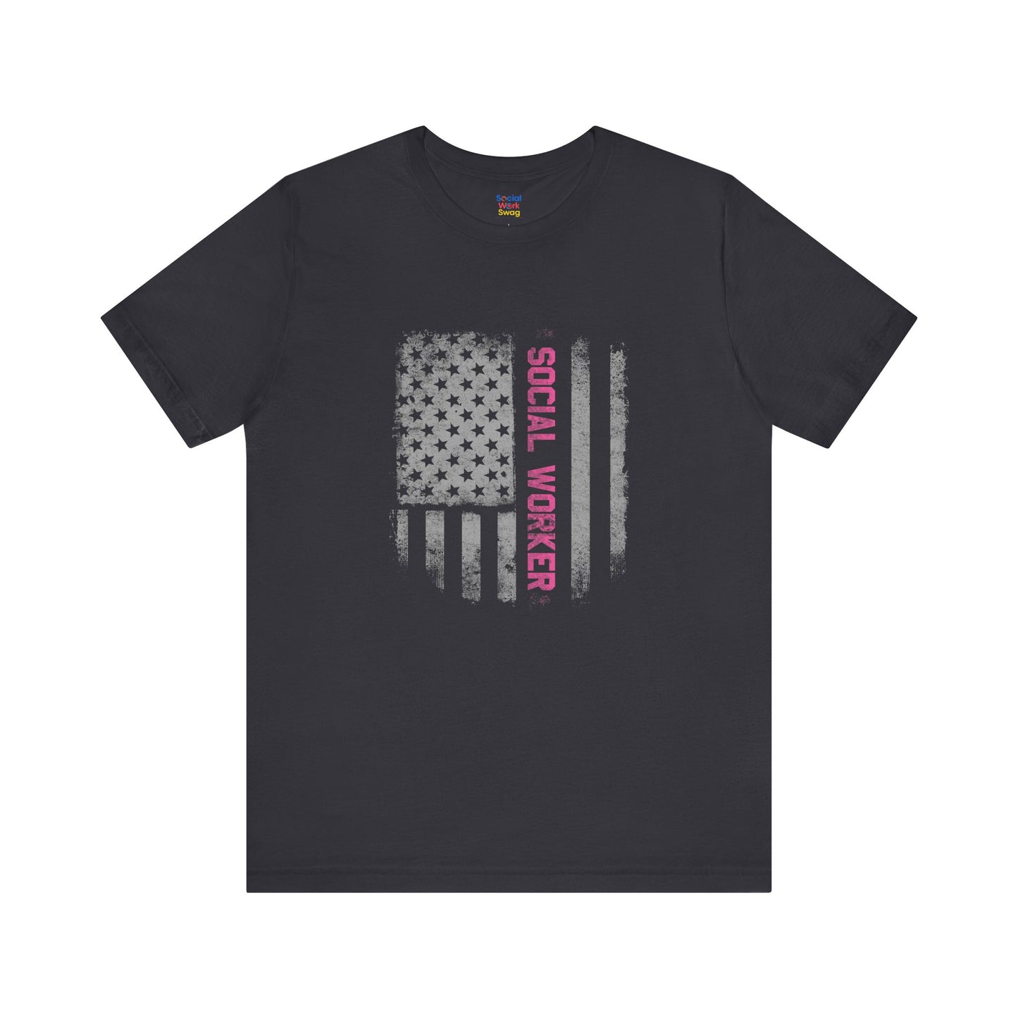 Unisex-Social Worker American Flag T-Shirt — Distressed Gray & Pink Honor Tee