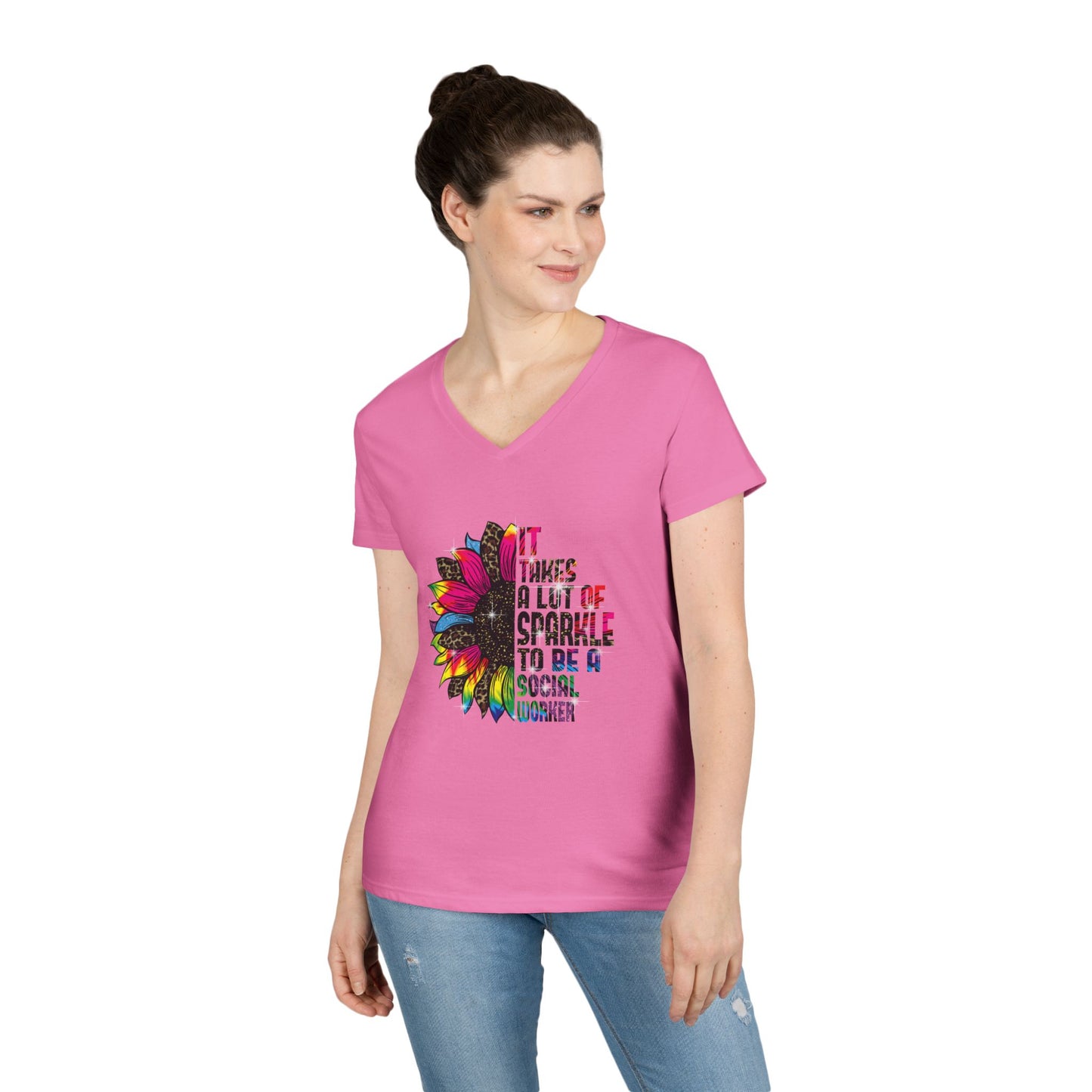 Social Worker V-Neck T-Shirt - "It Takes A Lot Of Sparkle To Be A Social Worker" Colorful Floral Design