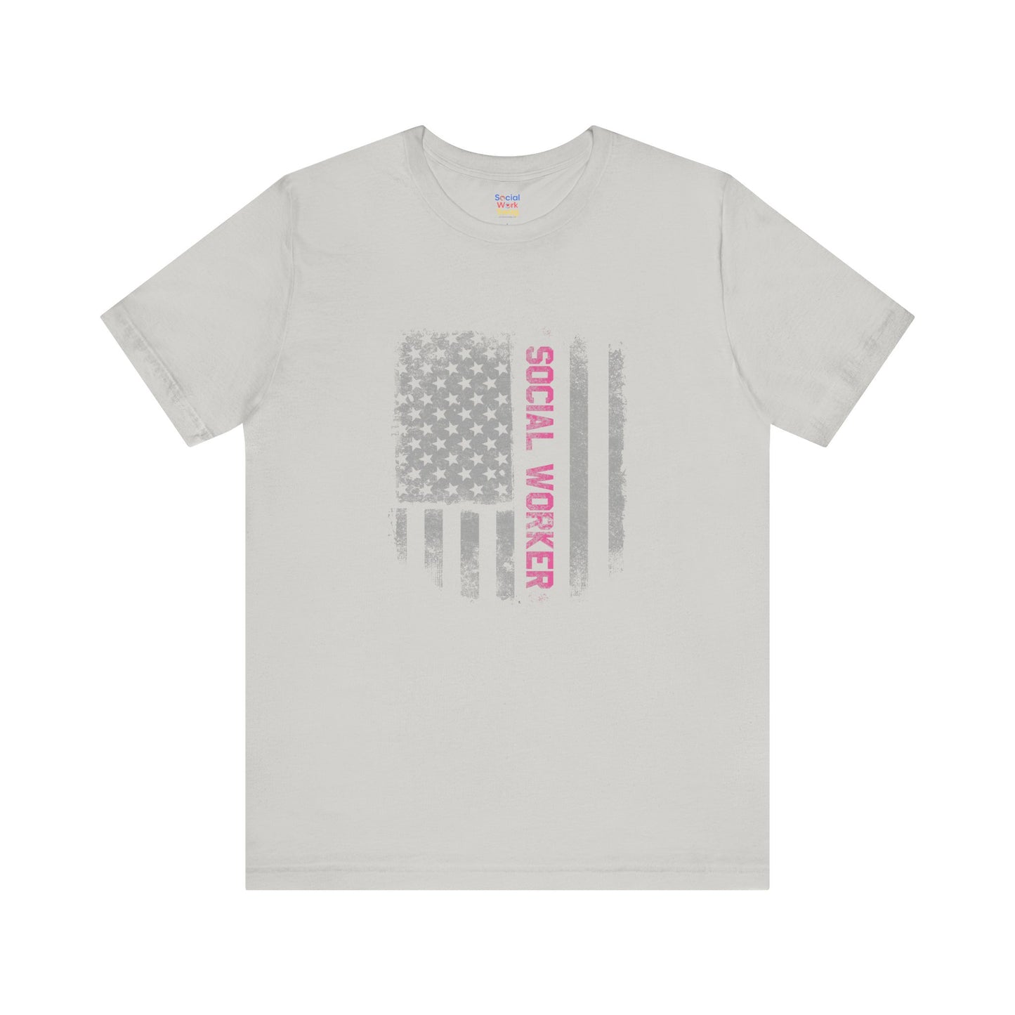 Unisex-Social Worker American Flag T-Shirt — Distressed Gray & Pink Honor Tee