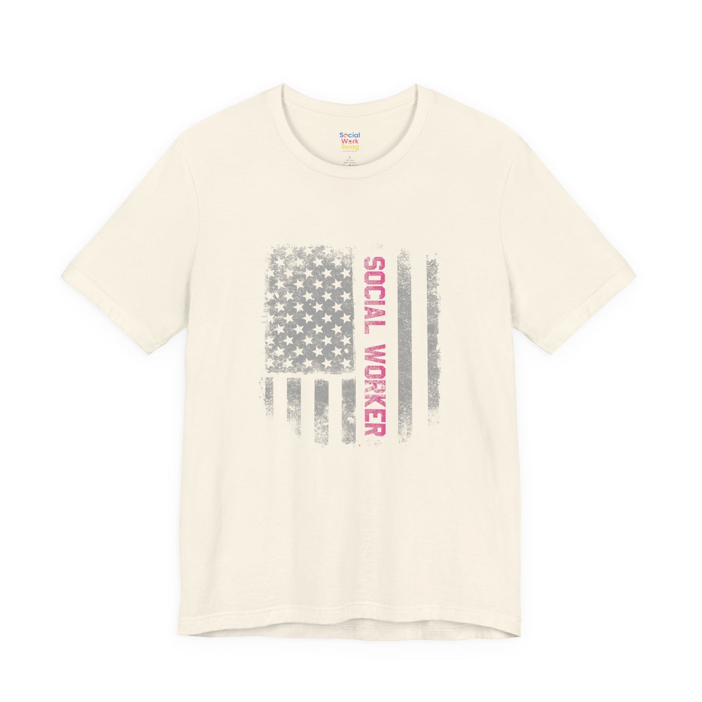 Unisex-Social Worker American Flag T-Shirt — Distressed Gray & Pink Honor Tee