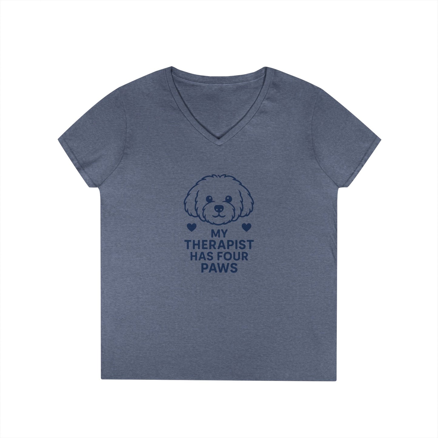 Dog Lover V-Neck Pet Tee — “My Therapist Has Four Paws” Women’s T‑Shirt