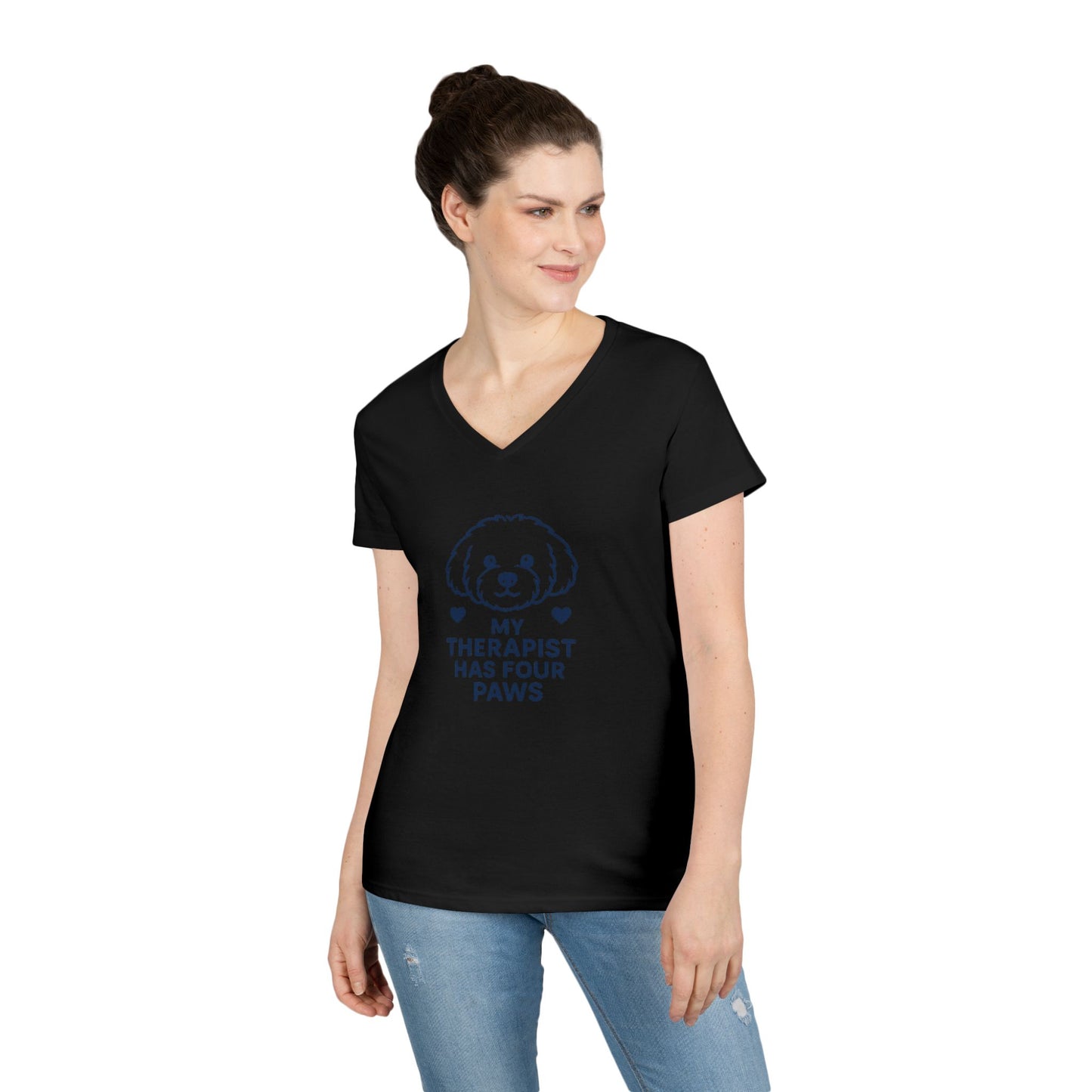 Dog Lover V-Neck Pet Tee — “My Therapist Has Four Paws” Women’s T‑Shirt