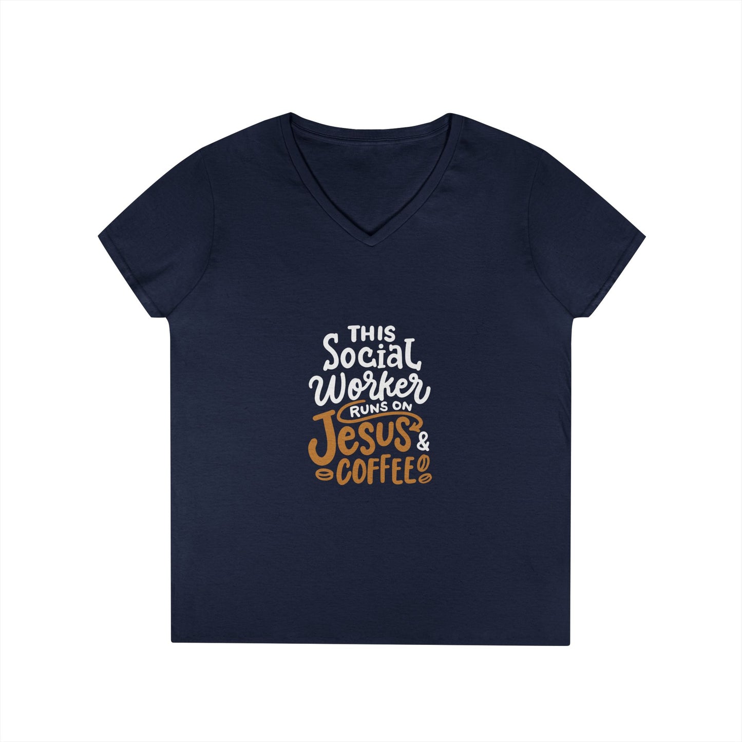 Ladies' V-Neck T-Shirt — "This Social Worker Runs on Jesus & Coffee" Christian Social Worker Tee