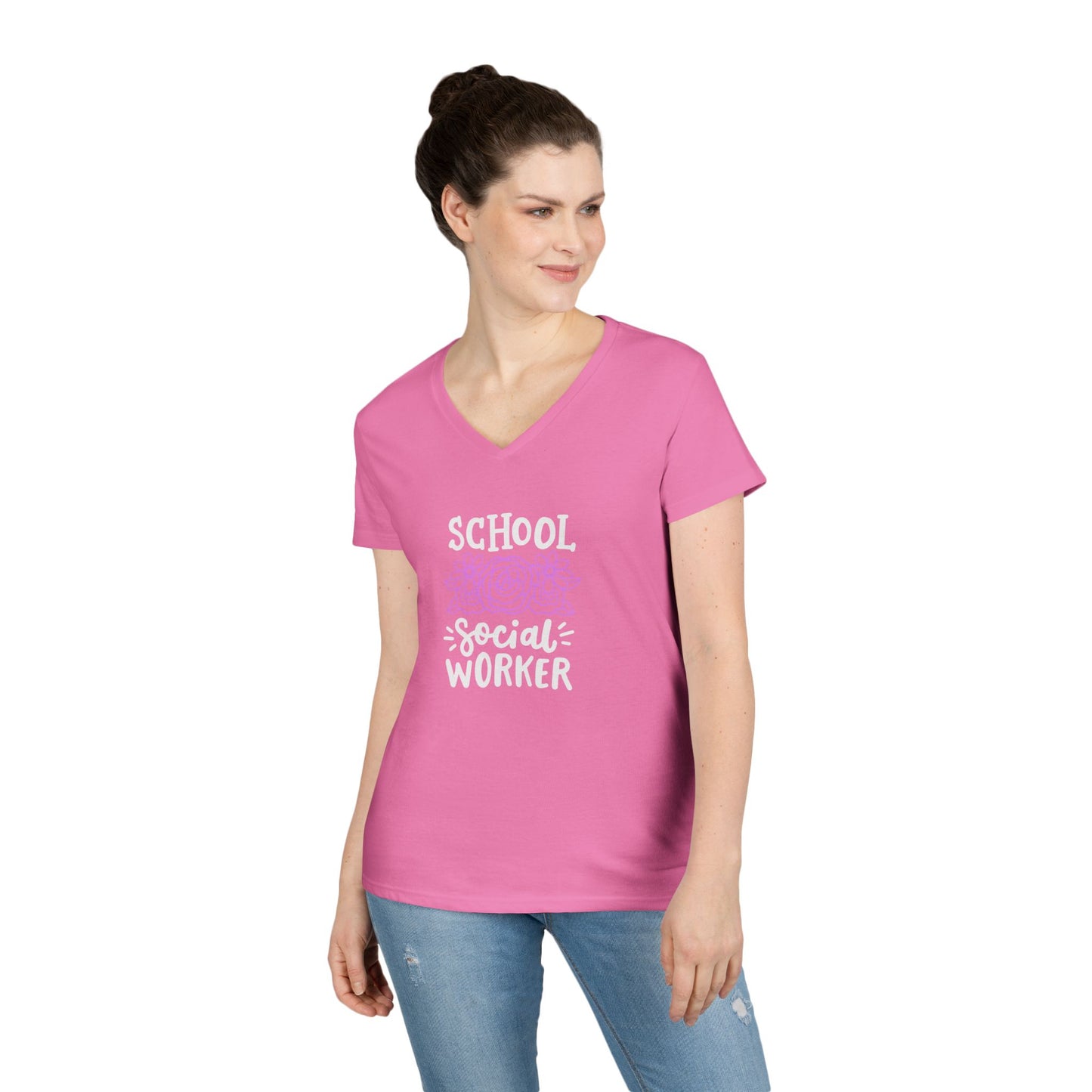 School Social Worker Ladies' V-Neck T-Shirt — Pink Floral Appreciation Gift