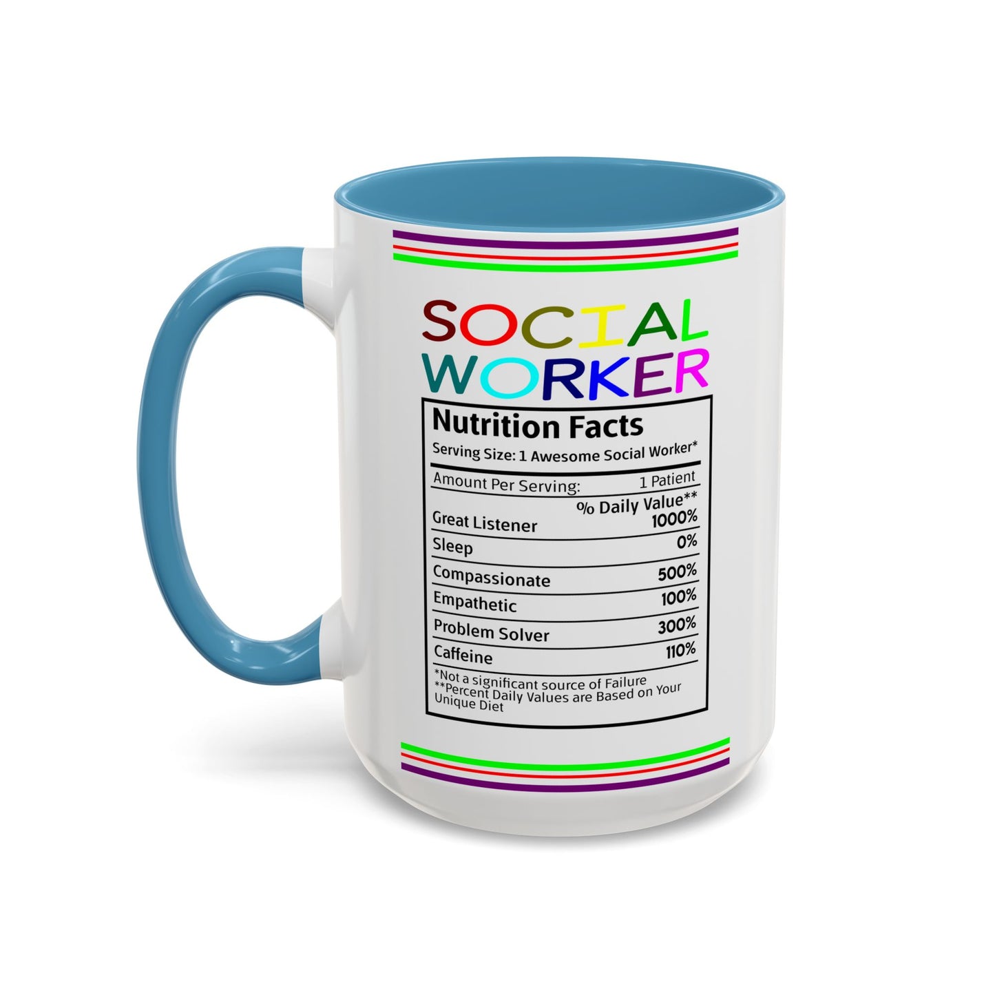 Social Worker Coffee Mug — Colorful Accent Mug with ‘Social Worker Ingredients’ Text (15oz)