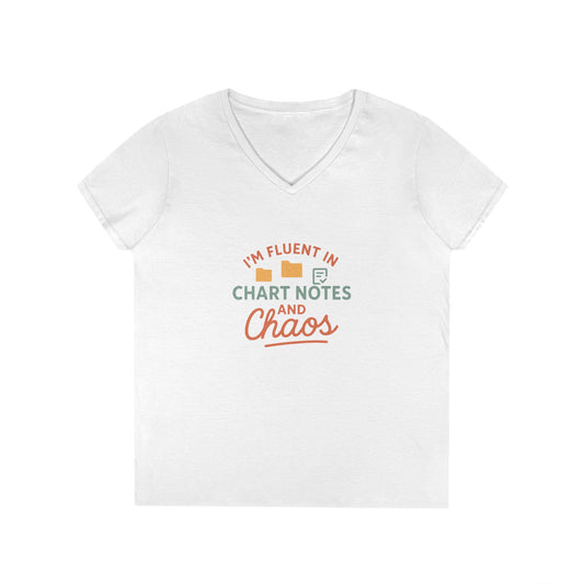 Medical Social Work- Quote V-Neck Tee - "I'm Fluent in Chart Notes and Chaos" Casual Medical Shirt