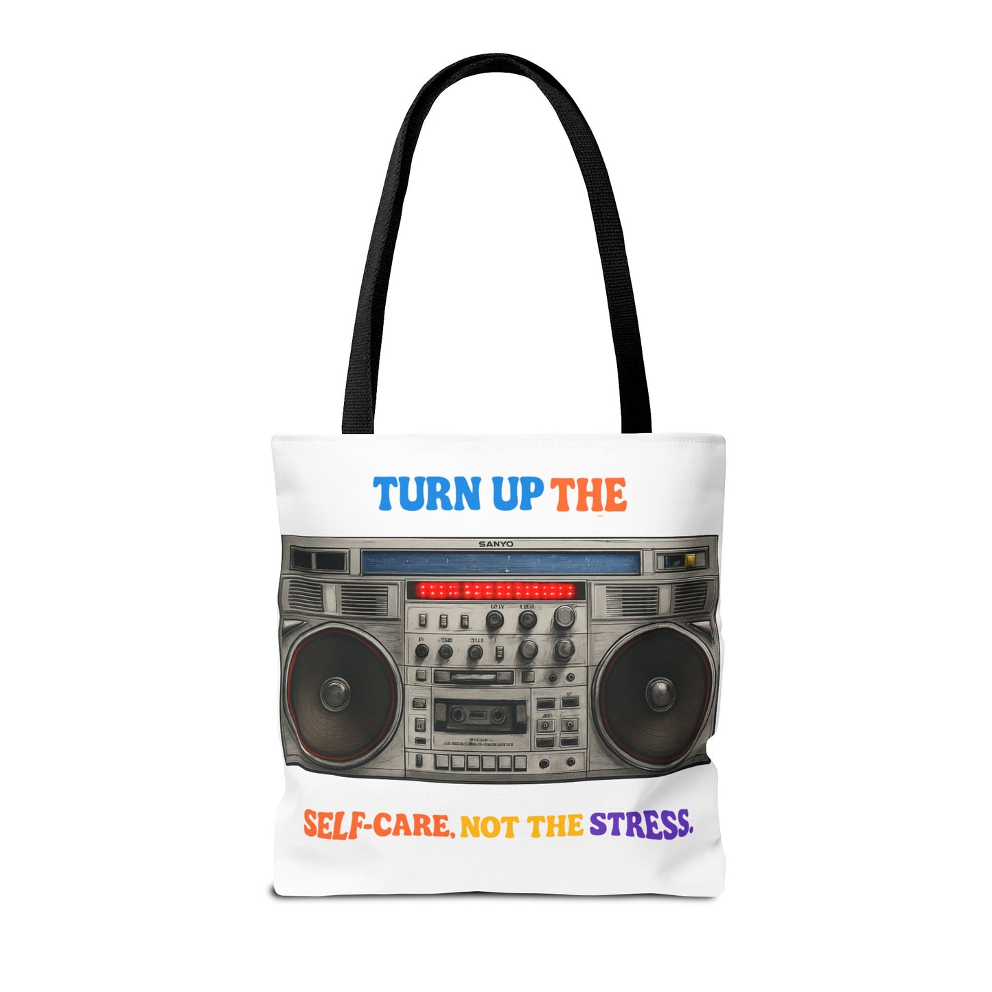 Turn Up the Self-Care Tote Bag — Retro Boombox 'Self-Care, Not the Stress' (Mental Health/Social Worker)