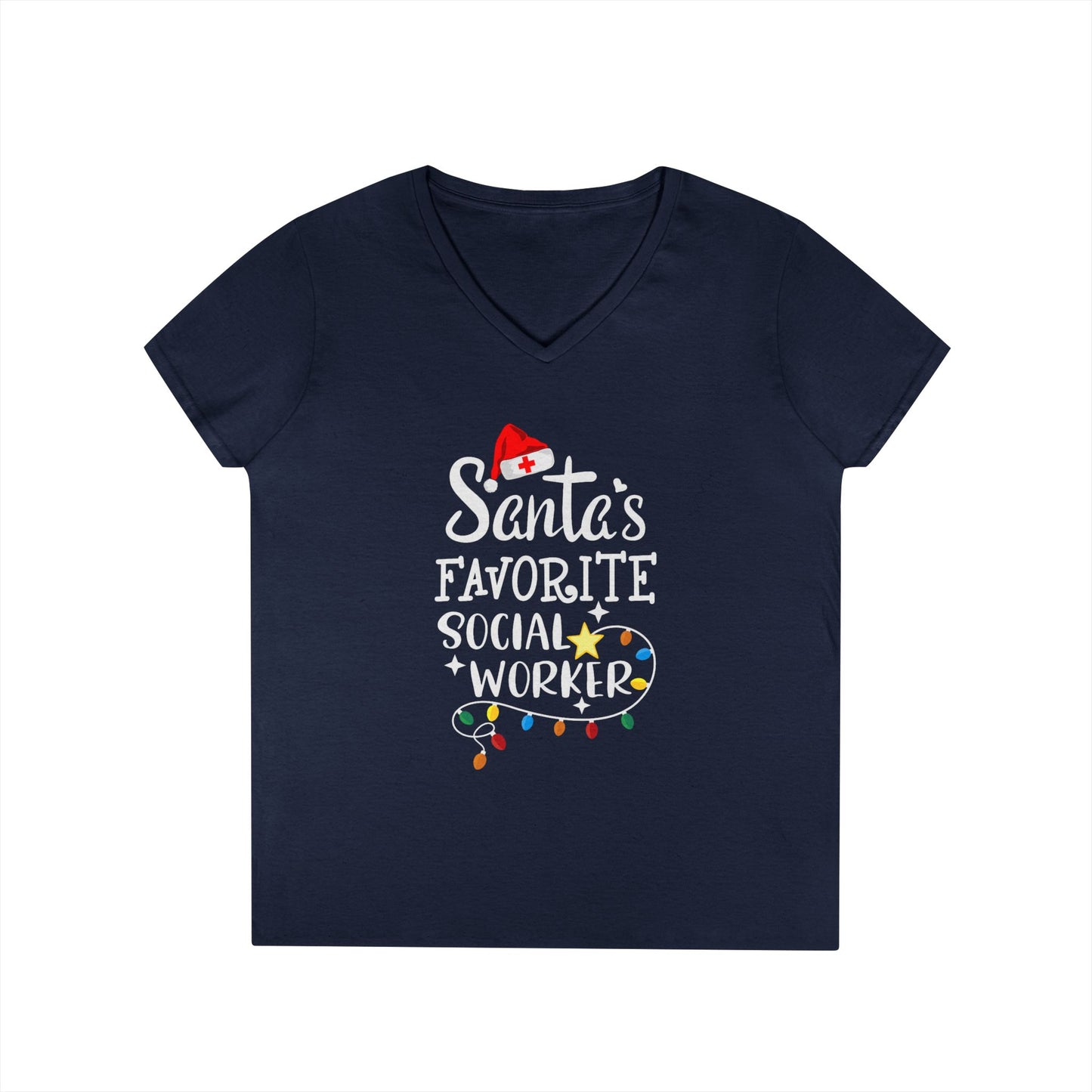 Christmas V-Neck Tee — "Santa’s Favorite Social Worker" Holiday T-Shirt - Medical Social Work