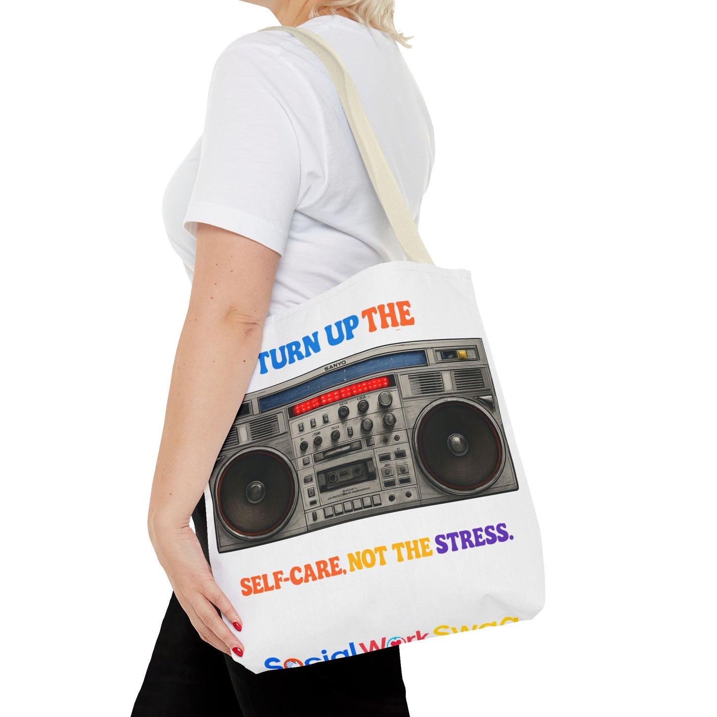 Turn Up the Self-Care Tote Bag — Retro Boombox 'Self-Care, Not the Stress' (Mental Health/Social Worker)