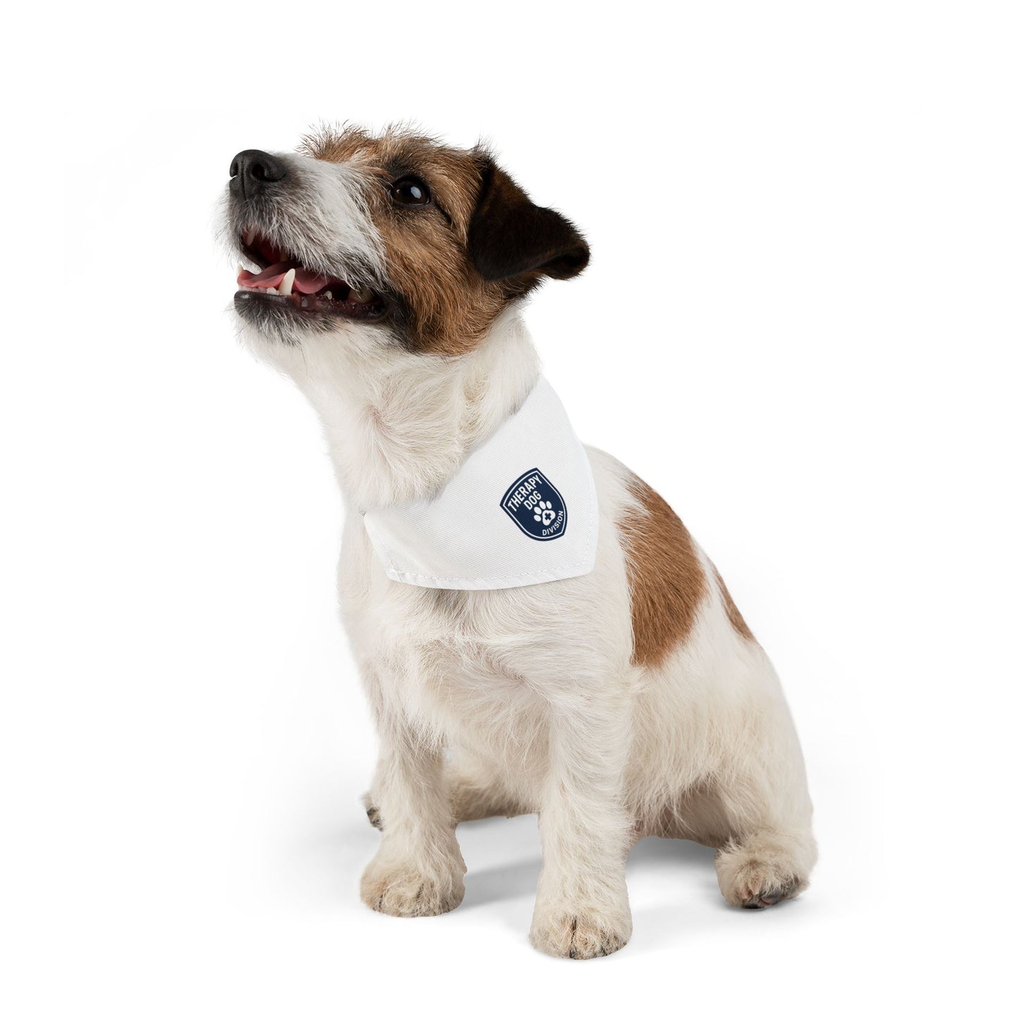 Therapy Dog Bandana Collar — White Pet Bandana with Shield Patch