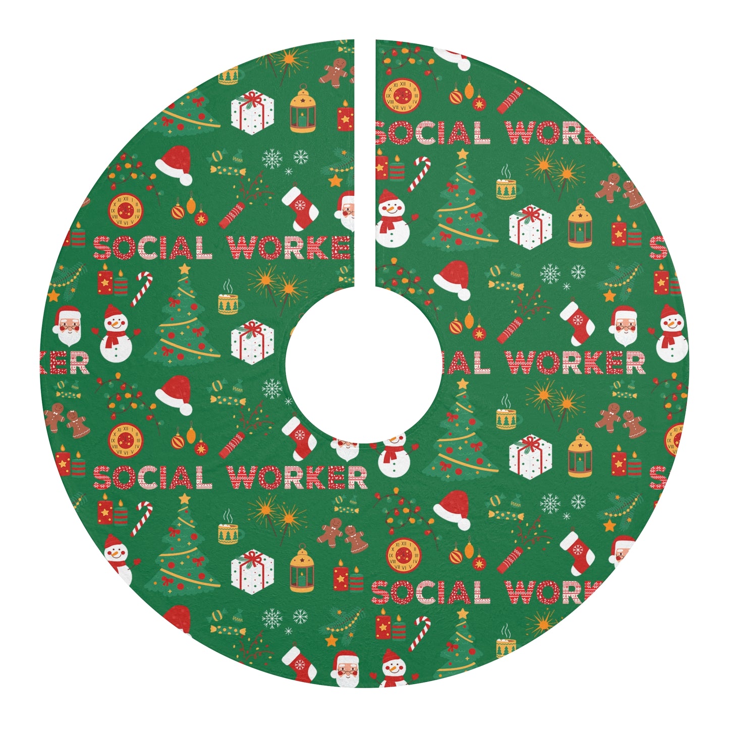 Social Worker Christmas Tree Skirt – Festive Green Holiday Tree Skirt with Santa & Gifts Pattern