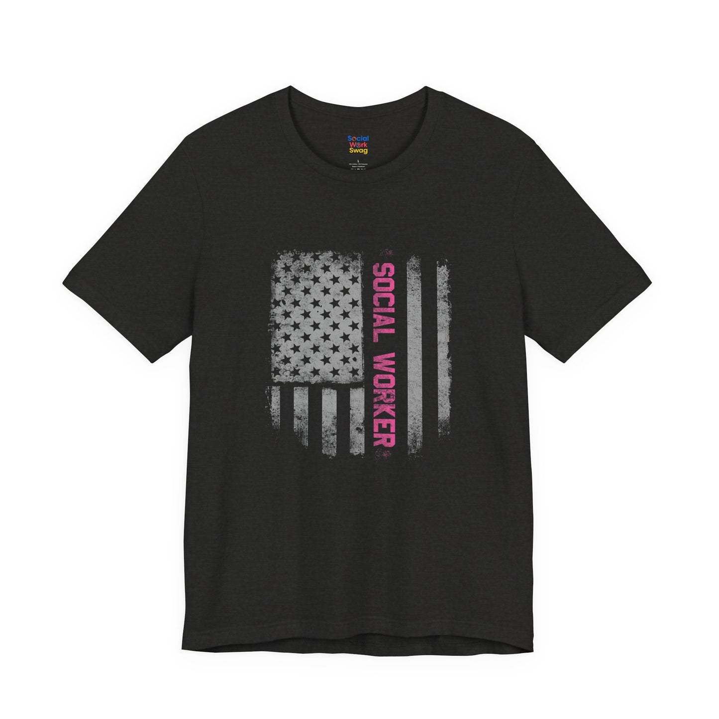 Unisex-Social Worker American Flag T-Shirt — Distressed Gray & Pink Honor Tee