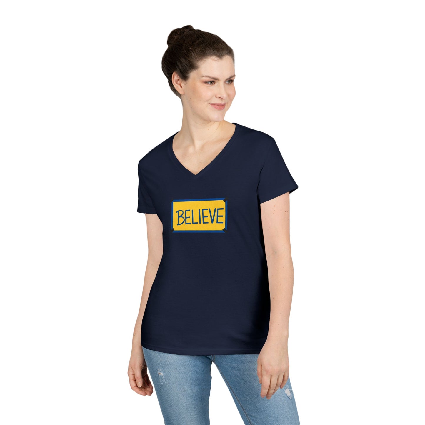 Believe Ladies' V-Neck Tee — Inspirational Graphic T-Shirt for Women (Social Worker/Mental Health)