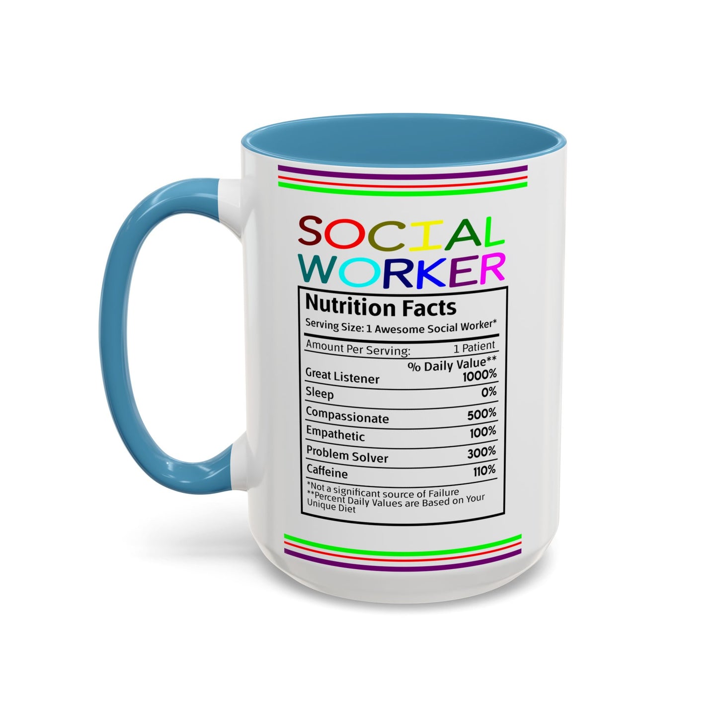 Social Worker Coffee Mug — Colorful Accent Mug with ‘Social Worker Ingredients’ Text (15oz)