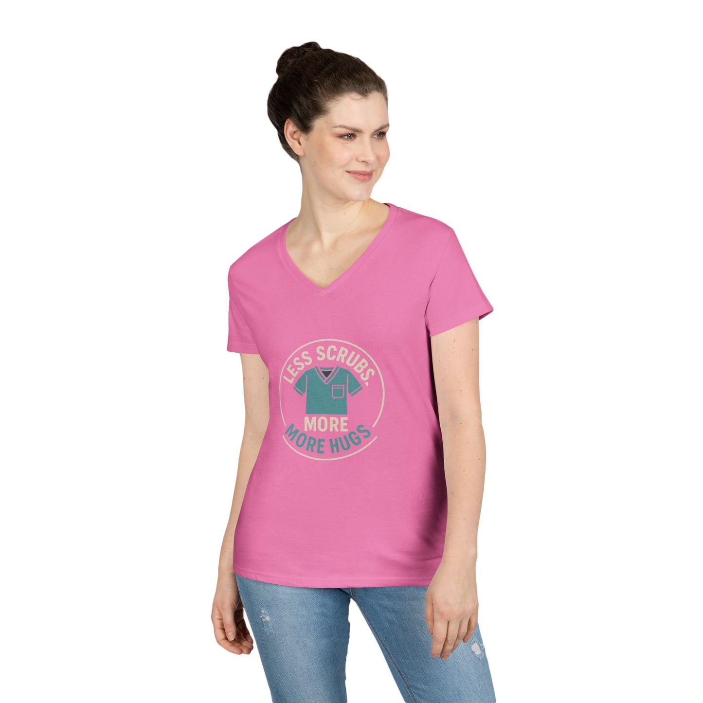 Ladies' V-Neck T-Shirt — “Less Scrubs, More Hugs” Medical Social Work Graphic Tee
