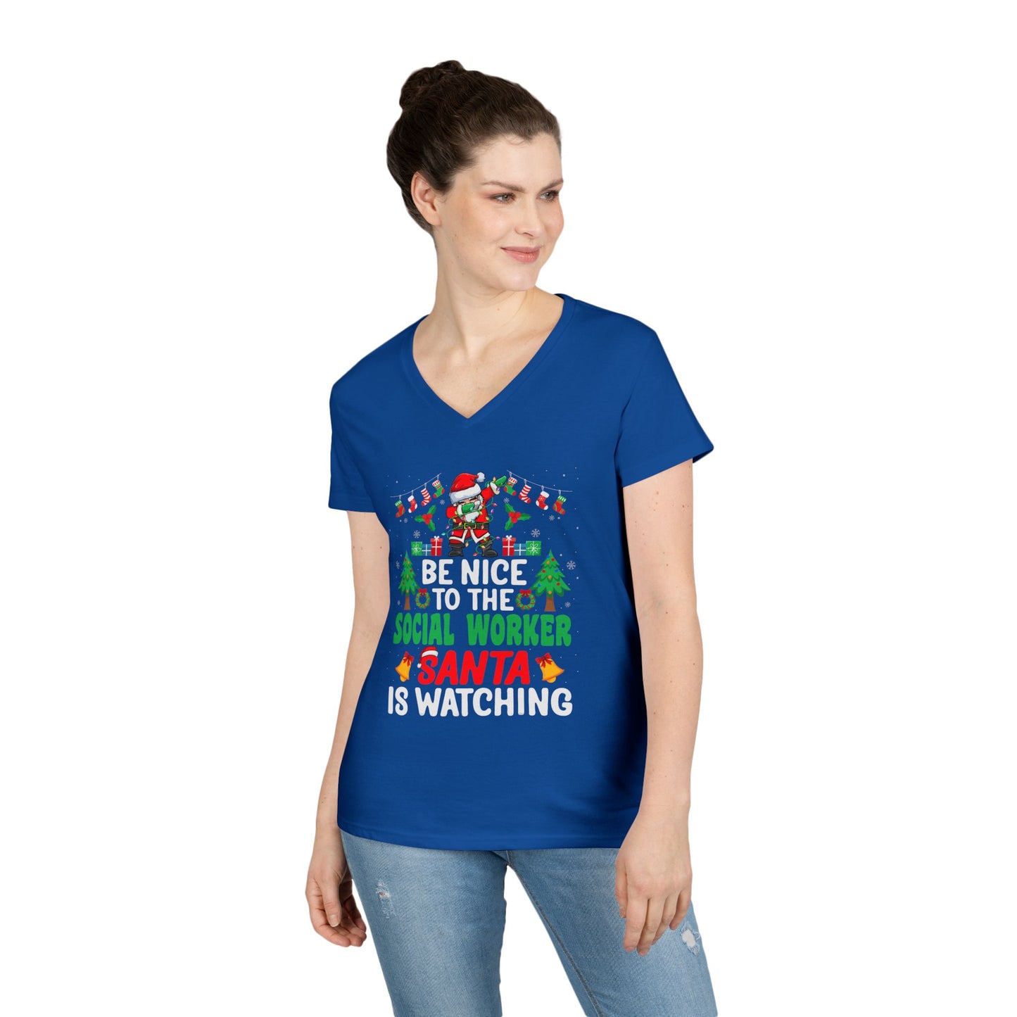 Social Worker Christmas V-Neck Tee — "Be Nice to the Social Worker Santa Is Watching"