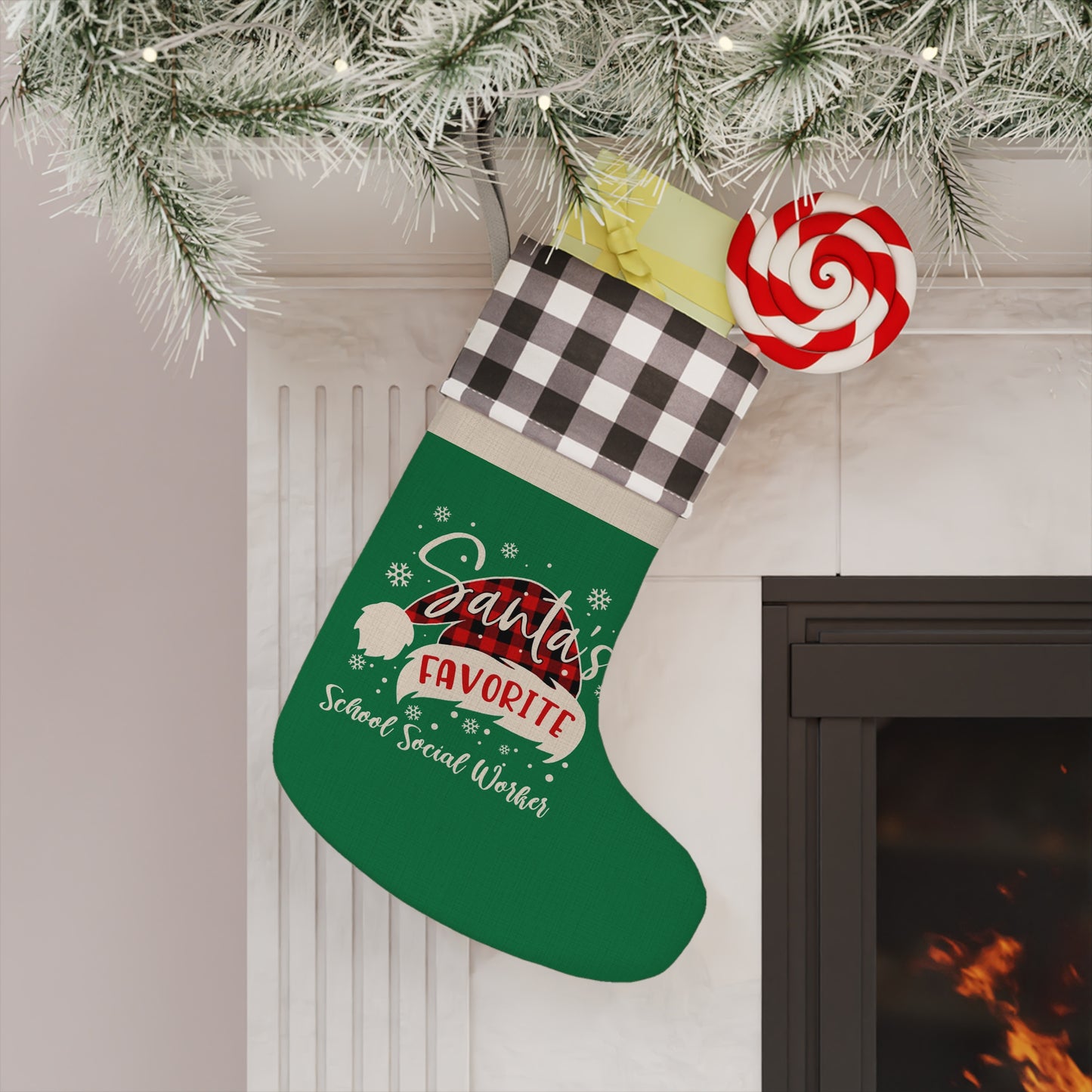 Green Buffalo Plaid Christmas Stocking – "Santa's Favorite School Social Worker"