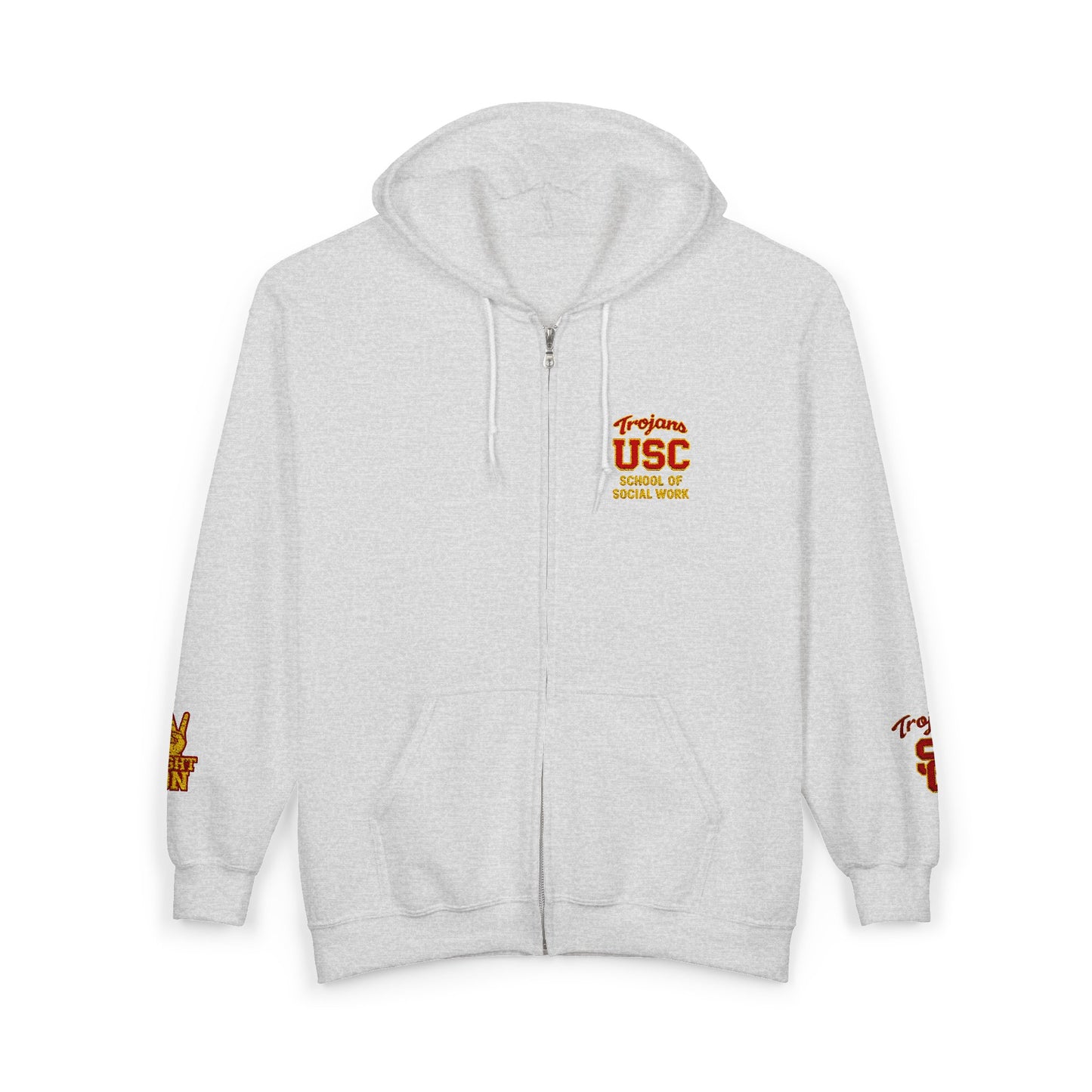 USC School of Social Work- Full-Zip Hoodie – Chest & Sleeve Logo Zip-Up Sweatshirt