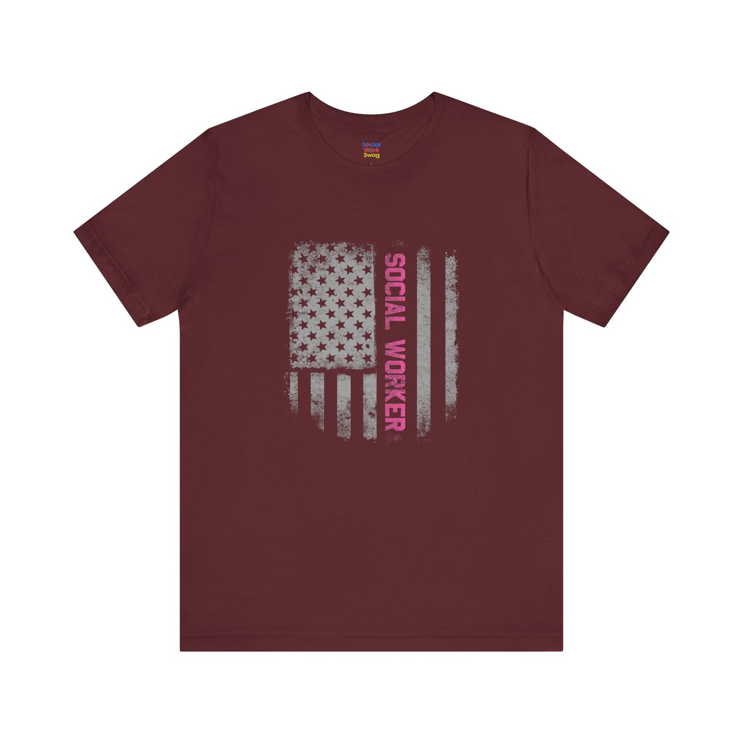 Unisex-Social Worker American Flag T-Shirt — Distressed Gray & Pink Honor Tee