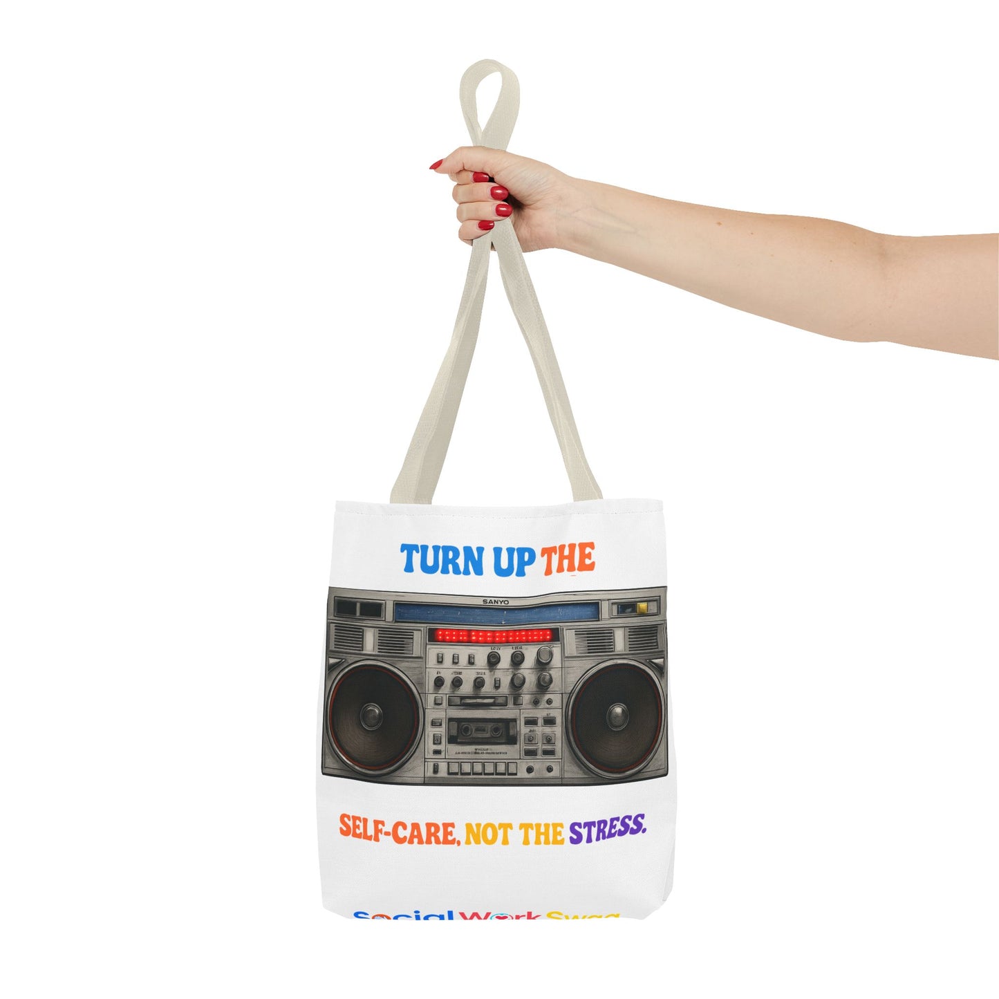 Turn Up the Self-Care Tote Bag — Retro Boombox 'Self-Care, Not the Stress' (Mental Health/Social Worker)