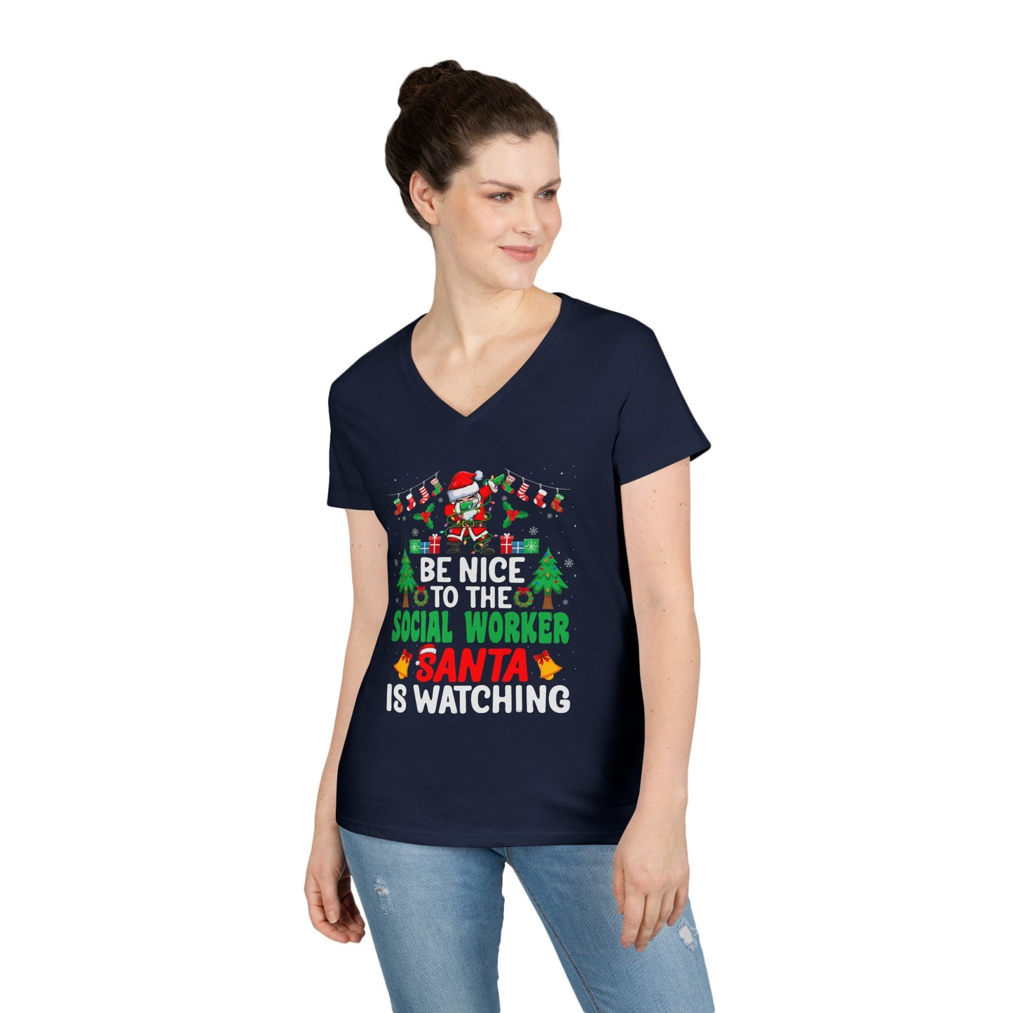 Social Worker Christmas V-Neck Tee — "Be Nice to the Social Worker Santa Is Watching"