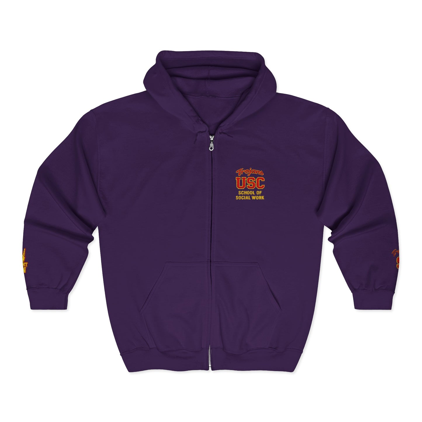 USC School of Social Work- Full-Zip Hoodie – Chest & Sleeve Logo Zip-Up Sweatshirt