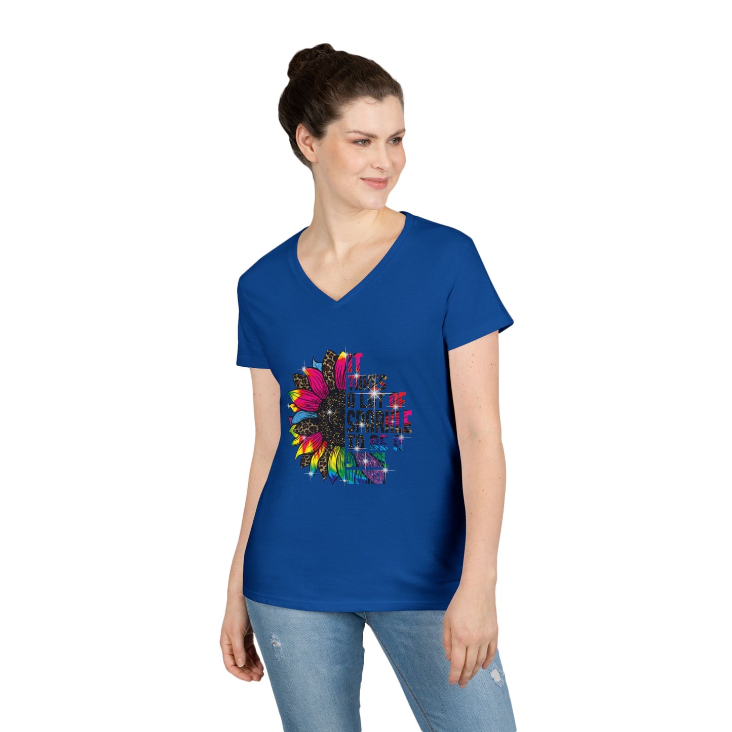 Social Worker V-Neck T-Shirt - "It Takes A Lot Of Sparkle To Be A Social Worker" Colorful Floral Design
