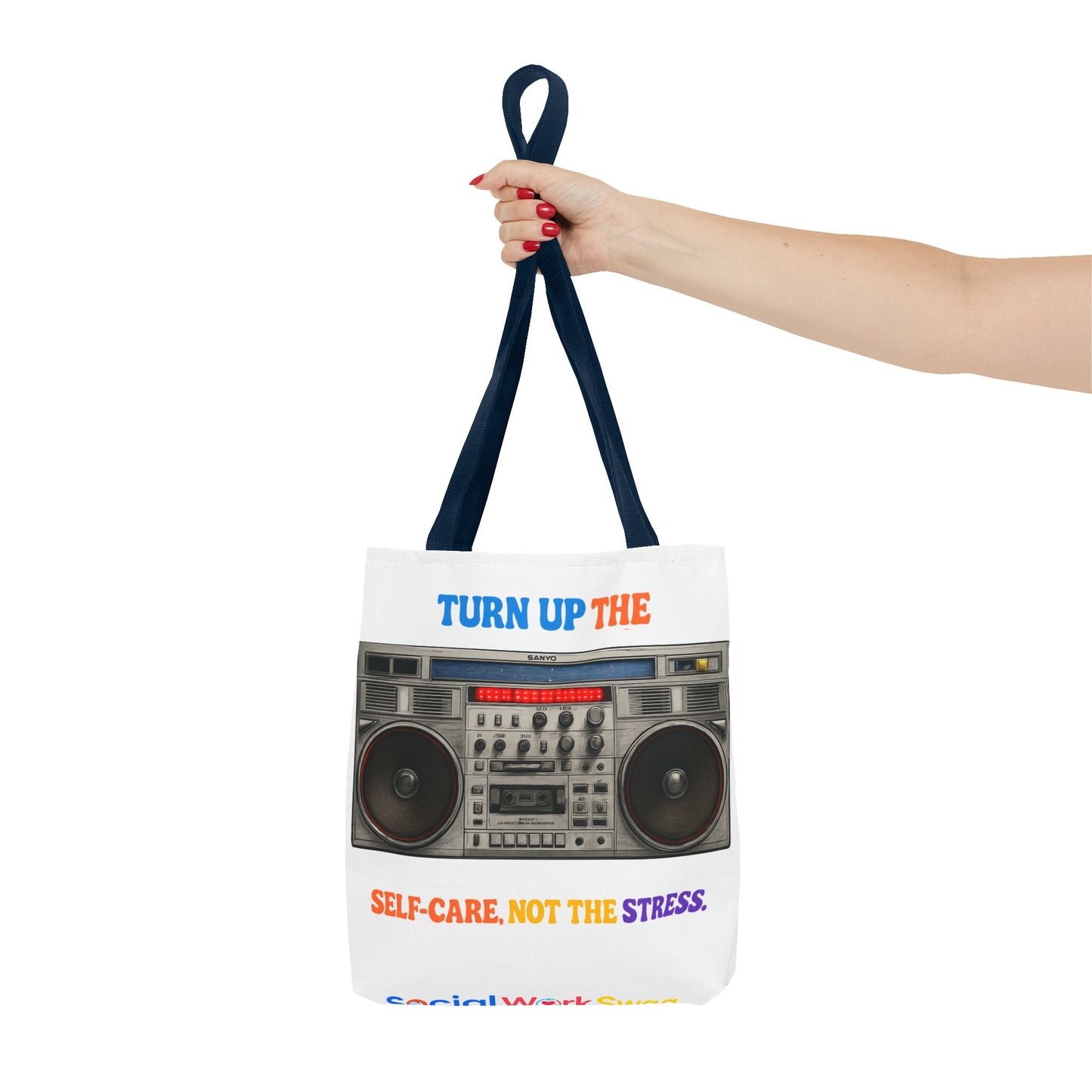 Turn Up the Self-Care Tote Bag — Retro Boombox 'Self-Care, Not the Stress' (Mental Health/Social Worker)