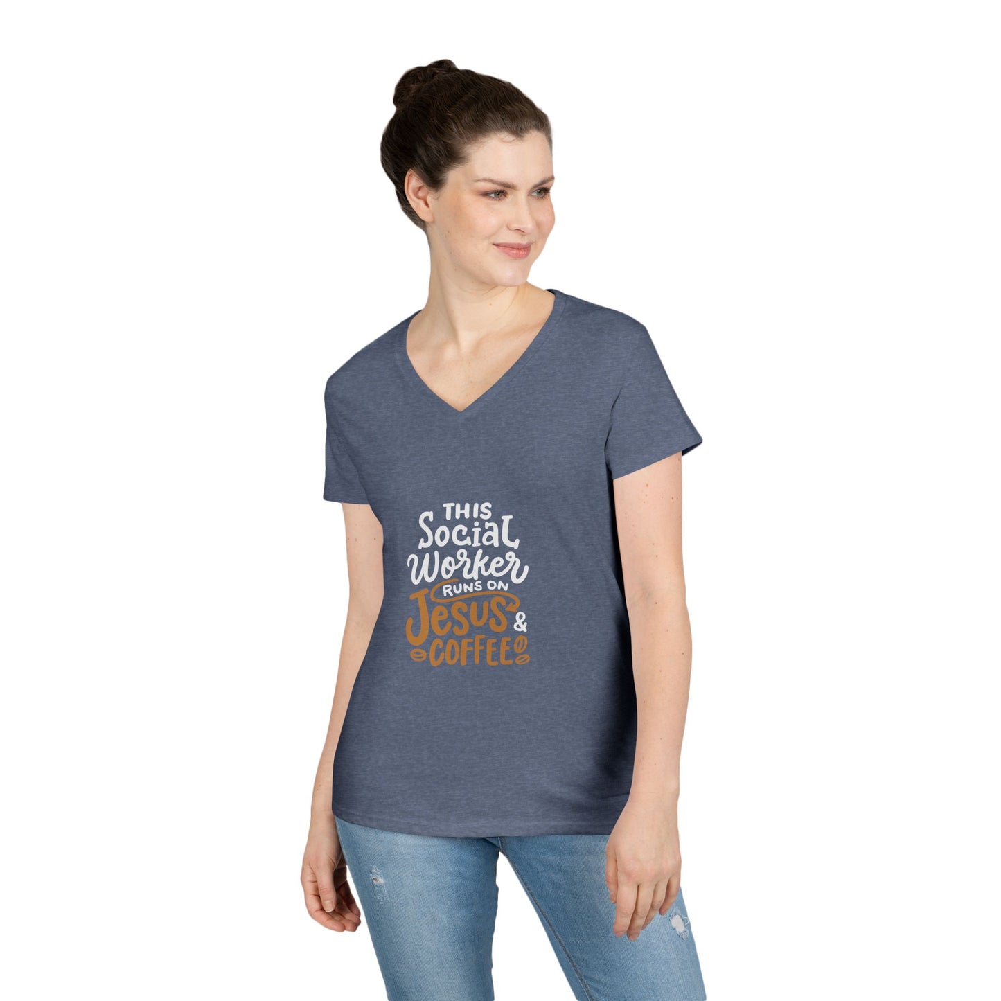 Ladies' V-Neck T-Shirt — "This Social Worker Runs on Jesus & Coffee" Christian Social Worker Tee