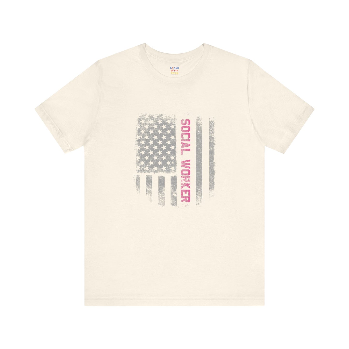 Unisex-Social Worker American Flag T-Shirt — Distressed Gray & Pink Honor Tee
