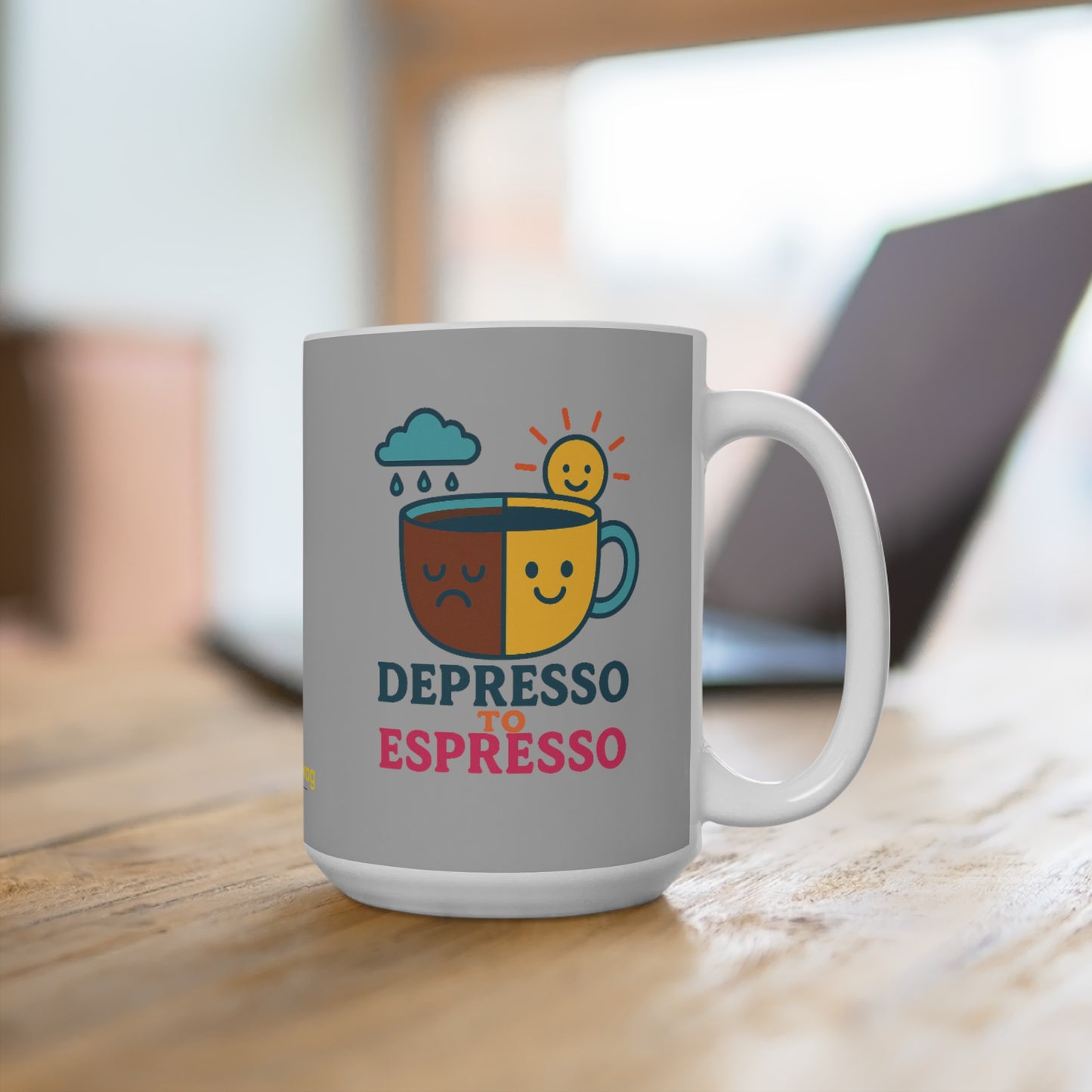 Depresso to Espresso 15oz Coffee Mug — Funny Mood-Boosting Tea Cup (Matches Coffee!)