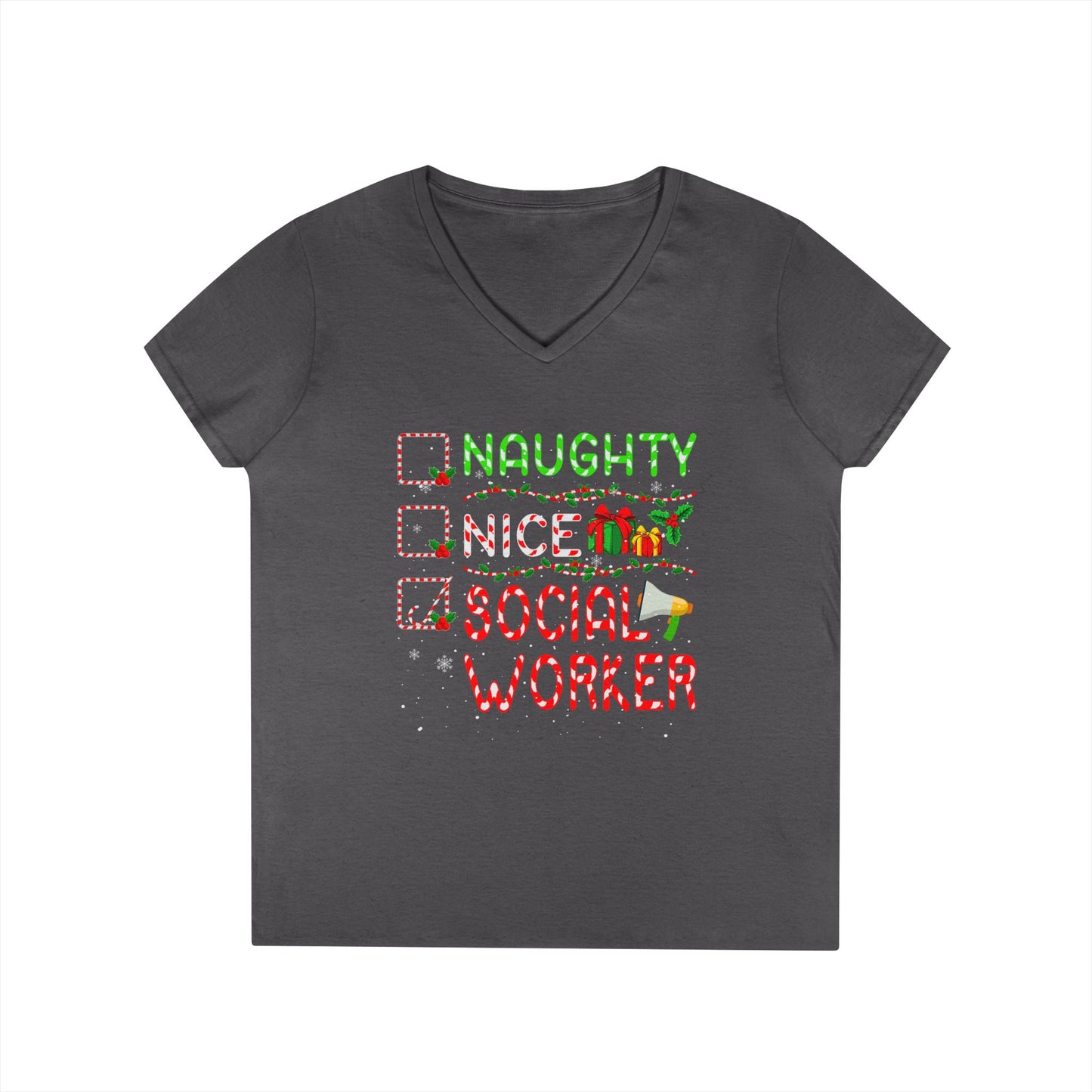 Social Worker Christmas V-Neck T-Shirt — Naughty Nice Social Worker Holiday Tee