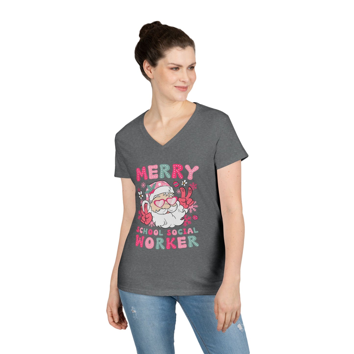 Merry School Social Worker V-Neck Tee — Cute Santa Holiday Shirt for Female Educators
