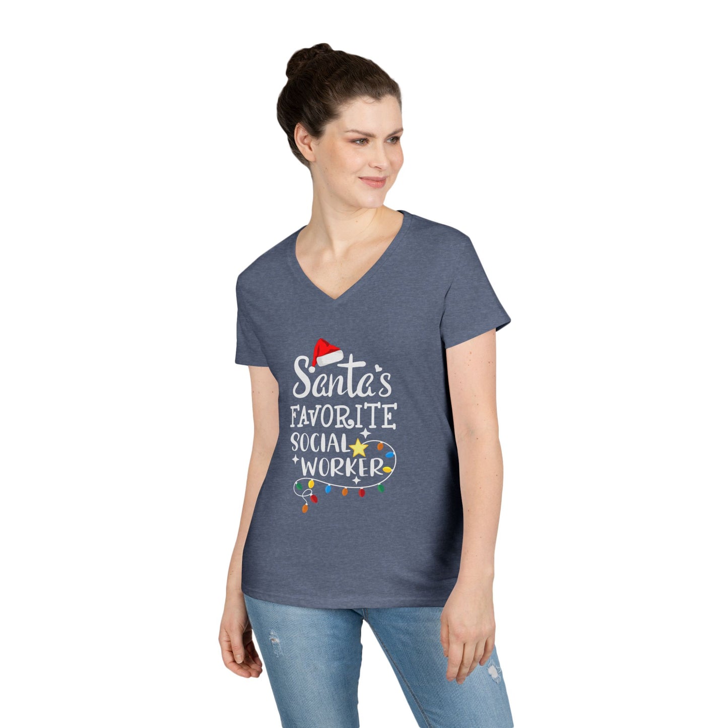 Santa’s Favorite Social Worker V-Neck Tee — Christmas Holiday Gift for Female Social Workers