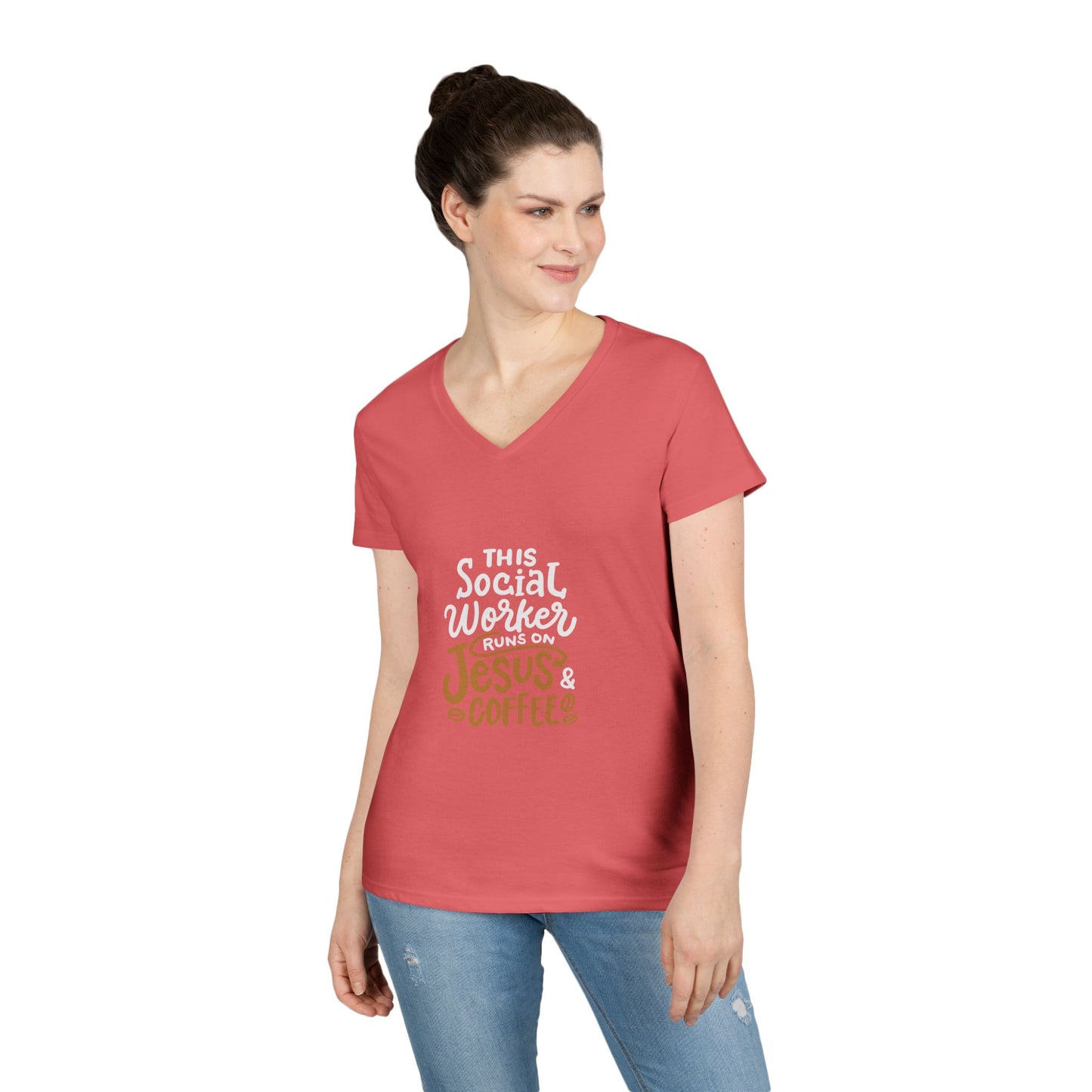 Ladies' V-Neck T-Shirt — "This Social Worker Runs on Jesus & Coffee" Christian Social Worker Tee