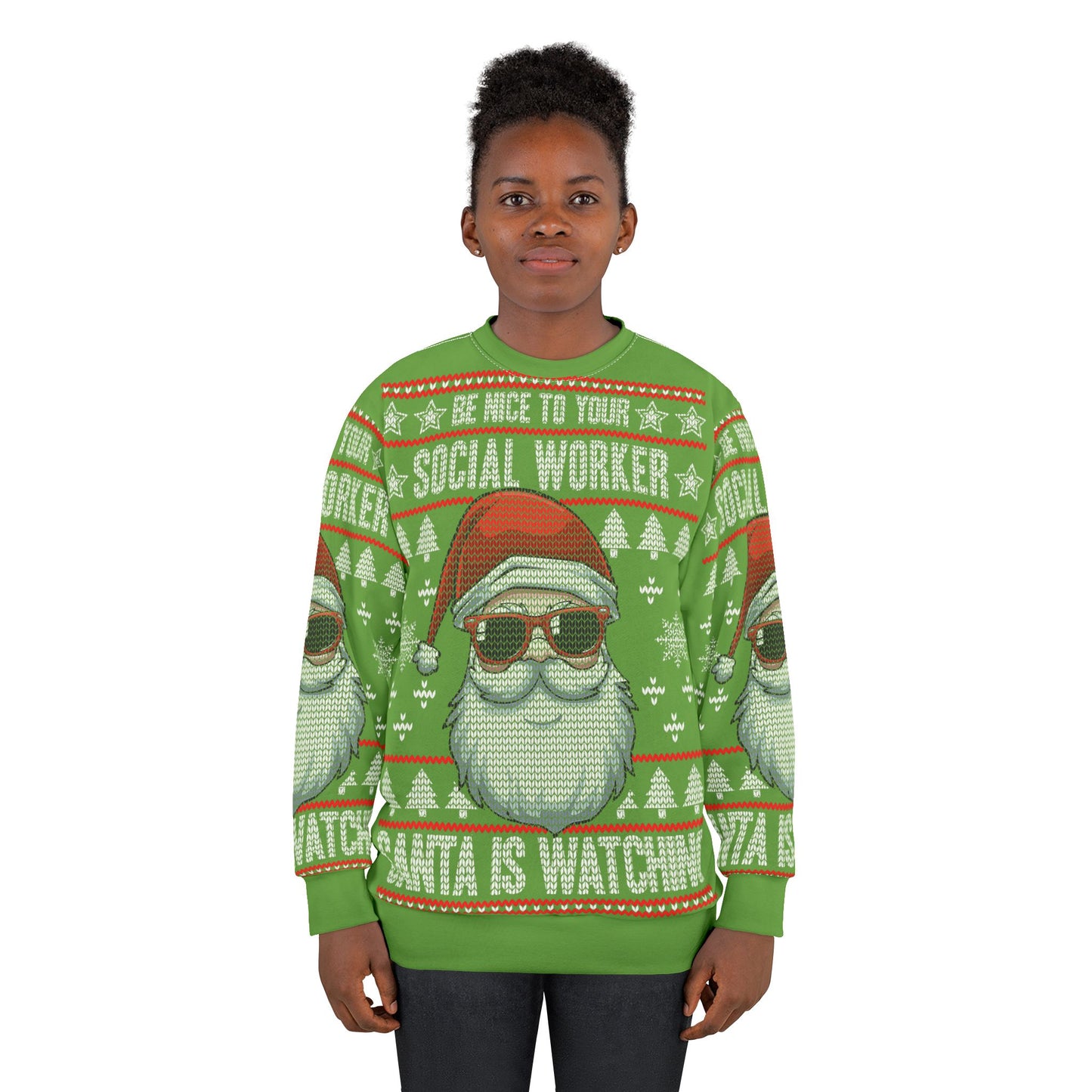 UNISEX- Be Nice to Your Social Worker Christmas Sweatshirt – 'Santa Is Watching' Green Holiday Sweater