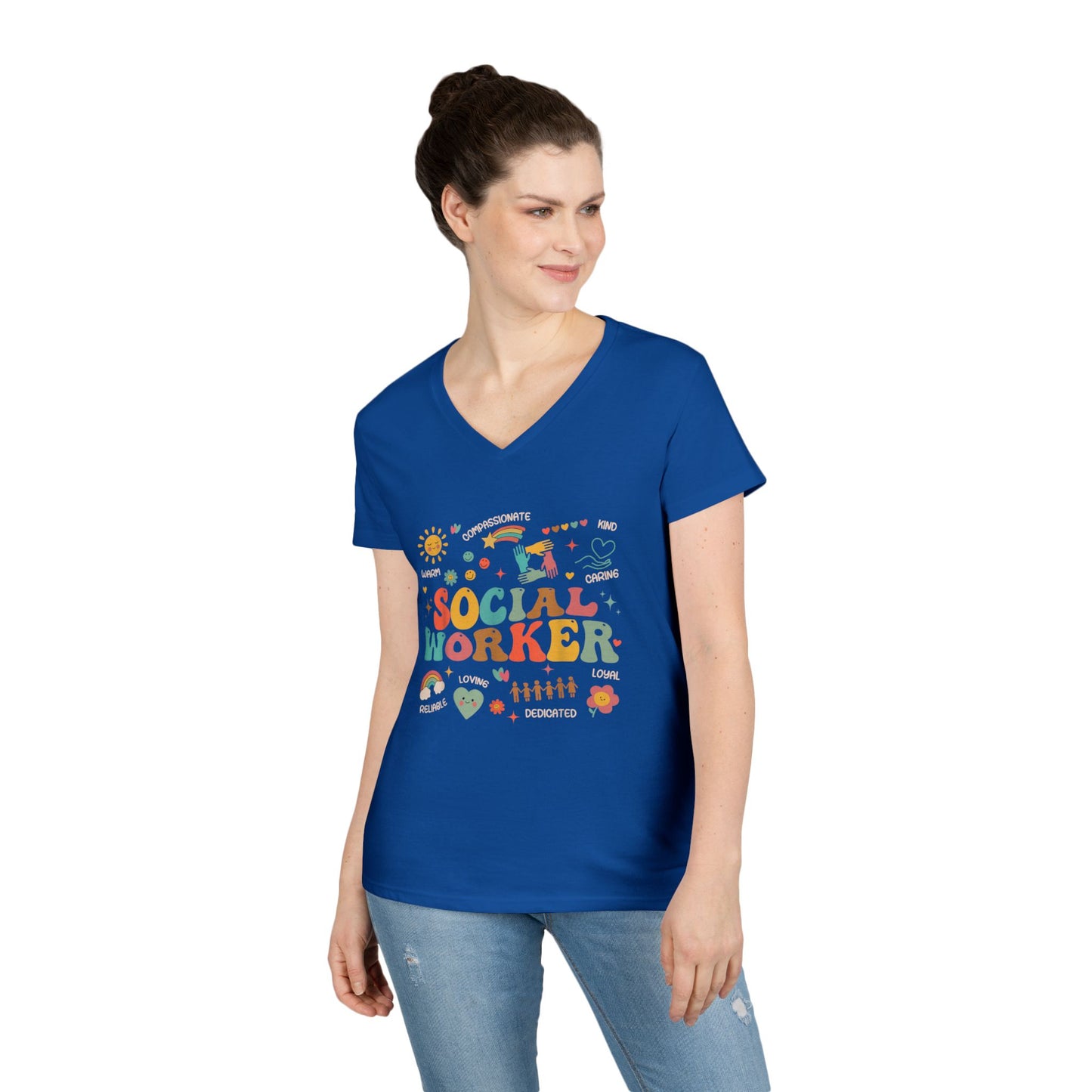Ladies' V-Neck T-Shirt — Colorful 'October' Retro Fall Graphic Tee - Social Worker