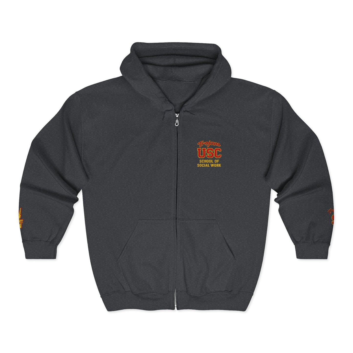 USC School of Social Work- Full-Zip Hoodie – Chest & Sleeve Logo Zip-Up Sweatshirt