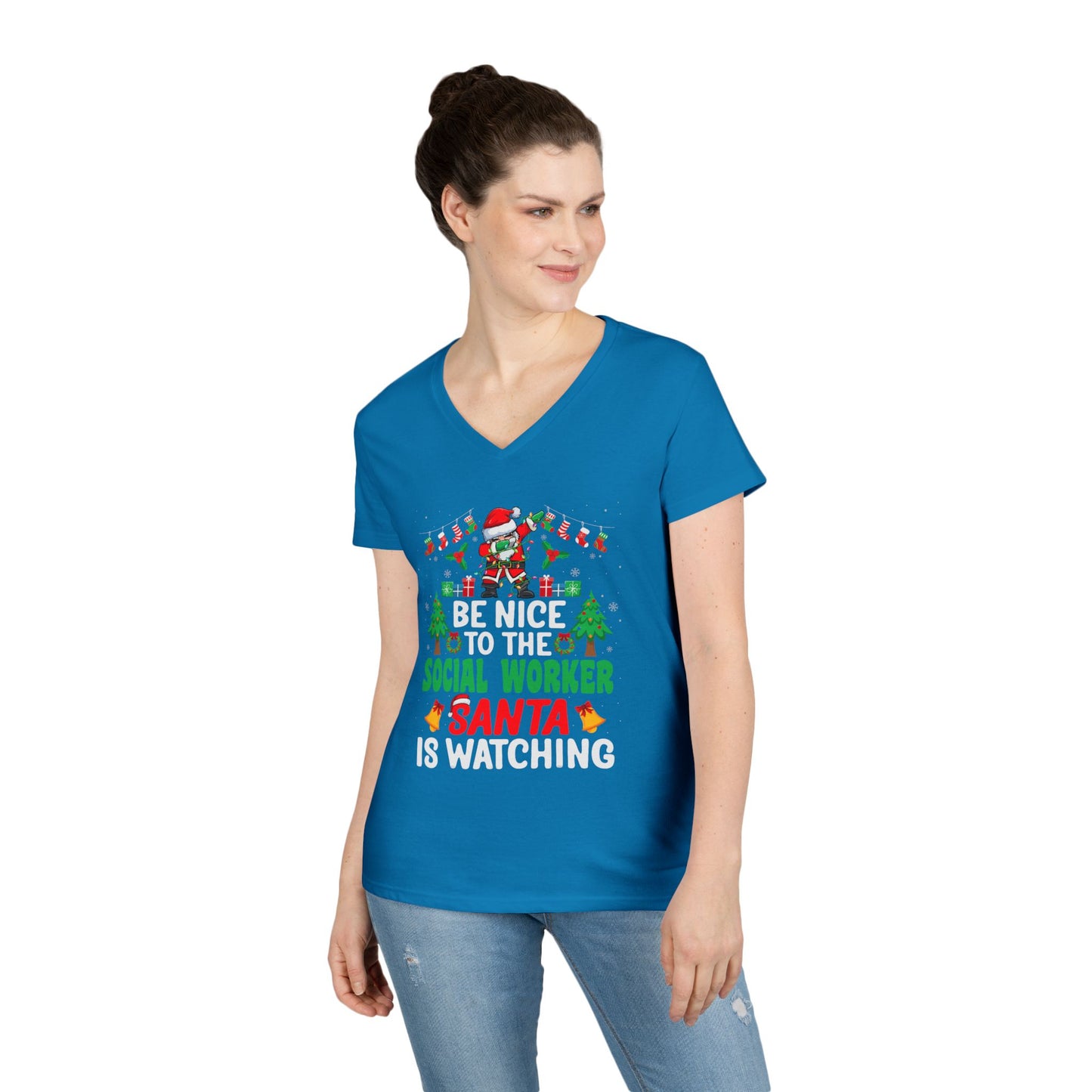 Social Worker Christmas V-Neck Tee — "Be Nice to the Social Worker Santa Is Watching"