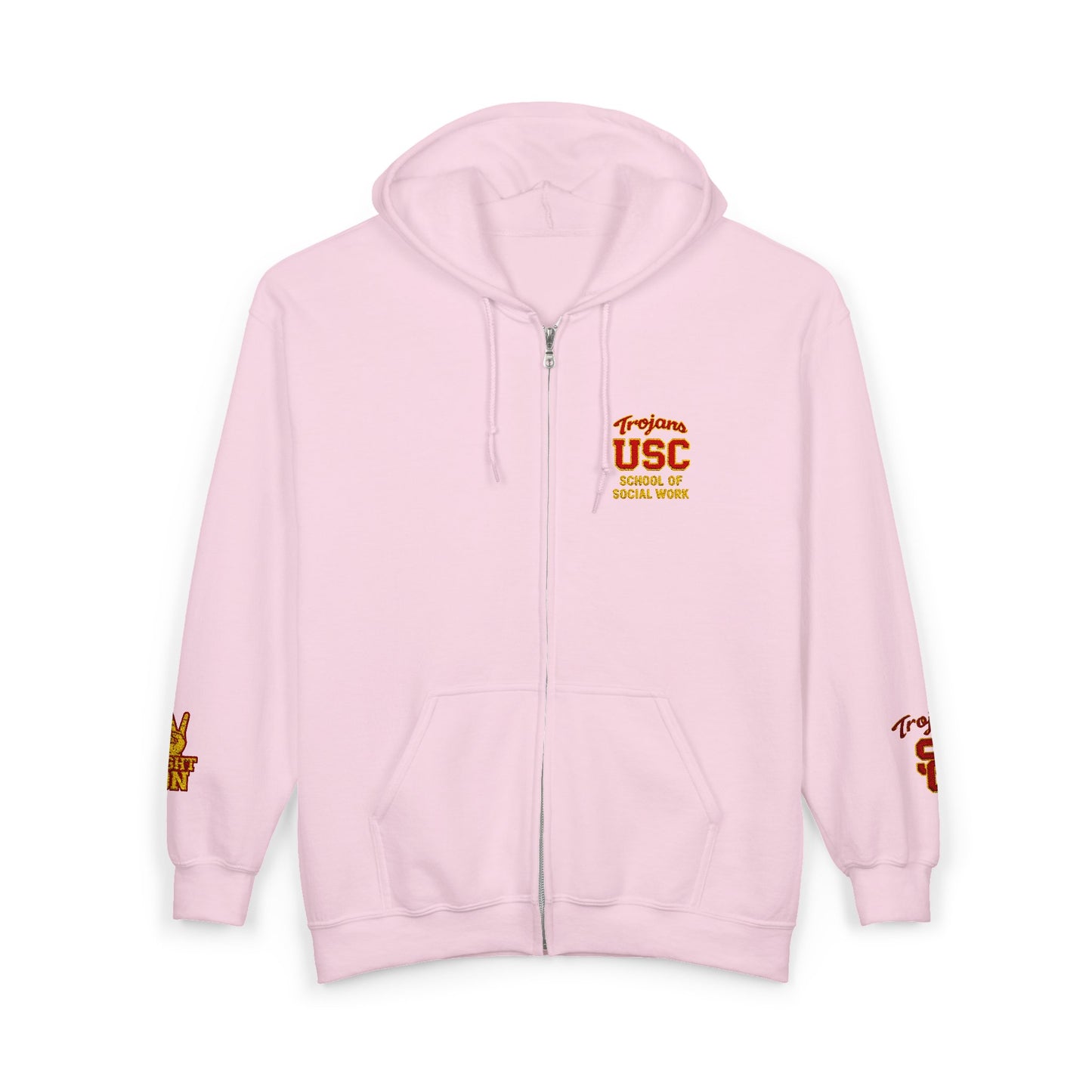 USC School of Social Work- Full-Zip Hoodie – Chest & Sleeve Logo Zip-Up Sweatshirt