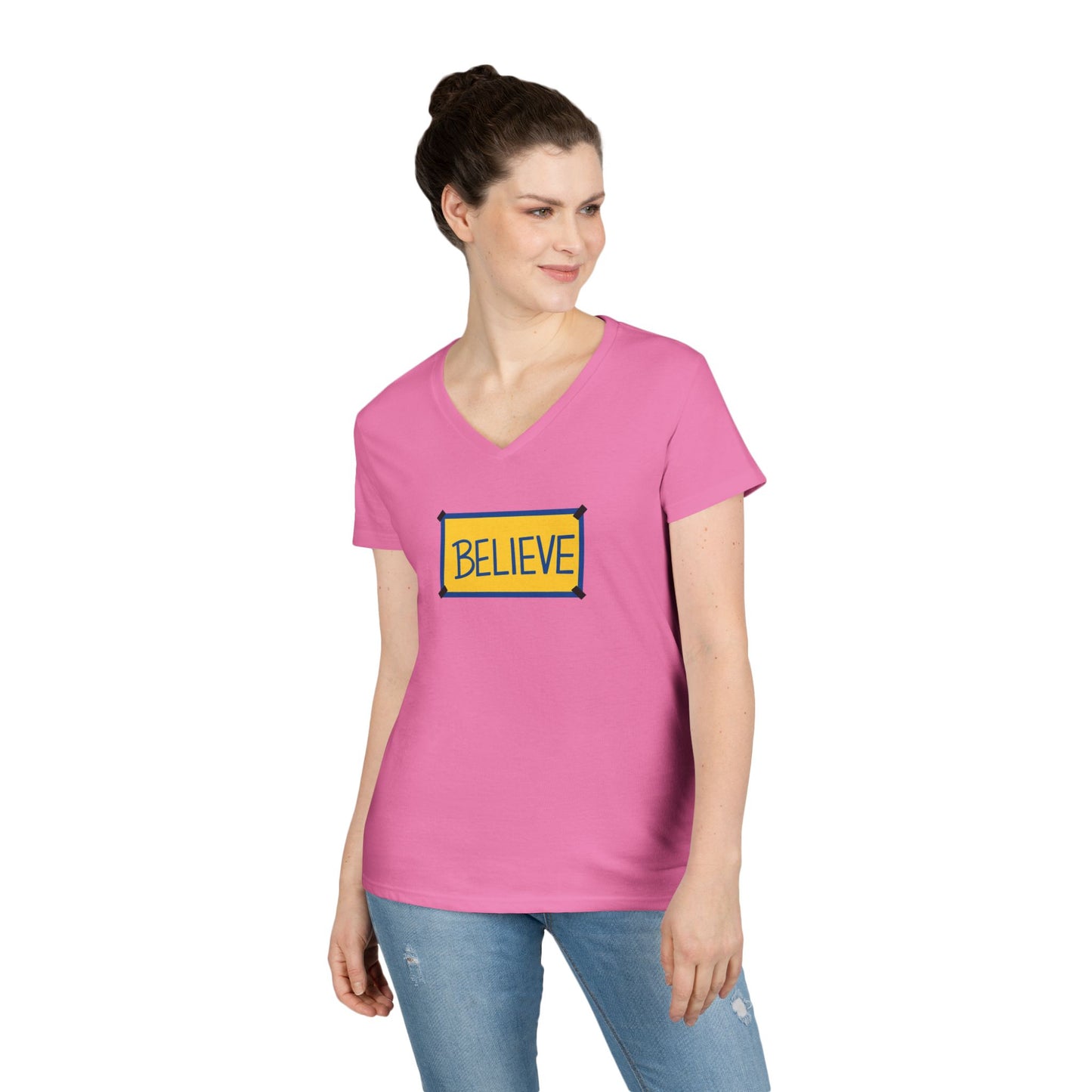 Believe Ladies' V-Neck Tee — Inspirational Graphic T-Shirt for Women (Social Worker/Mental Health)