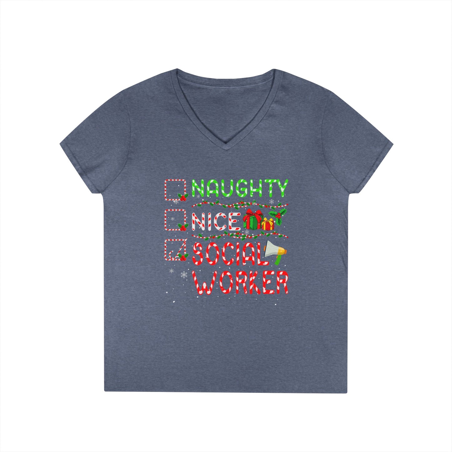 Social Worker Christmas V-Neck T-Shirt — Naughty Nice Social Worker Holiday Tee