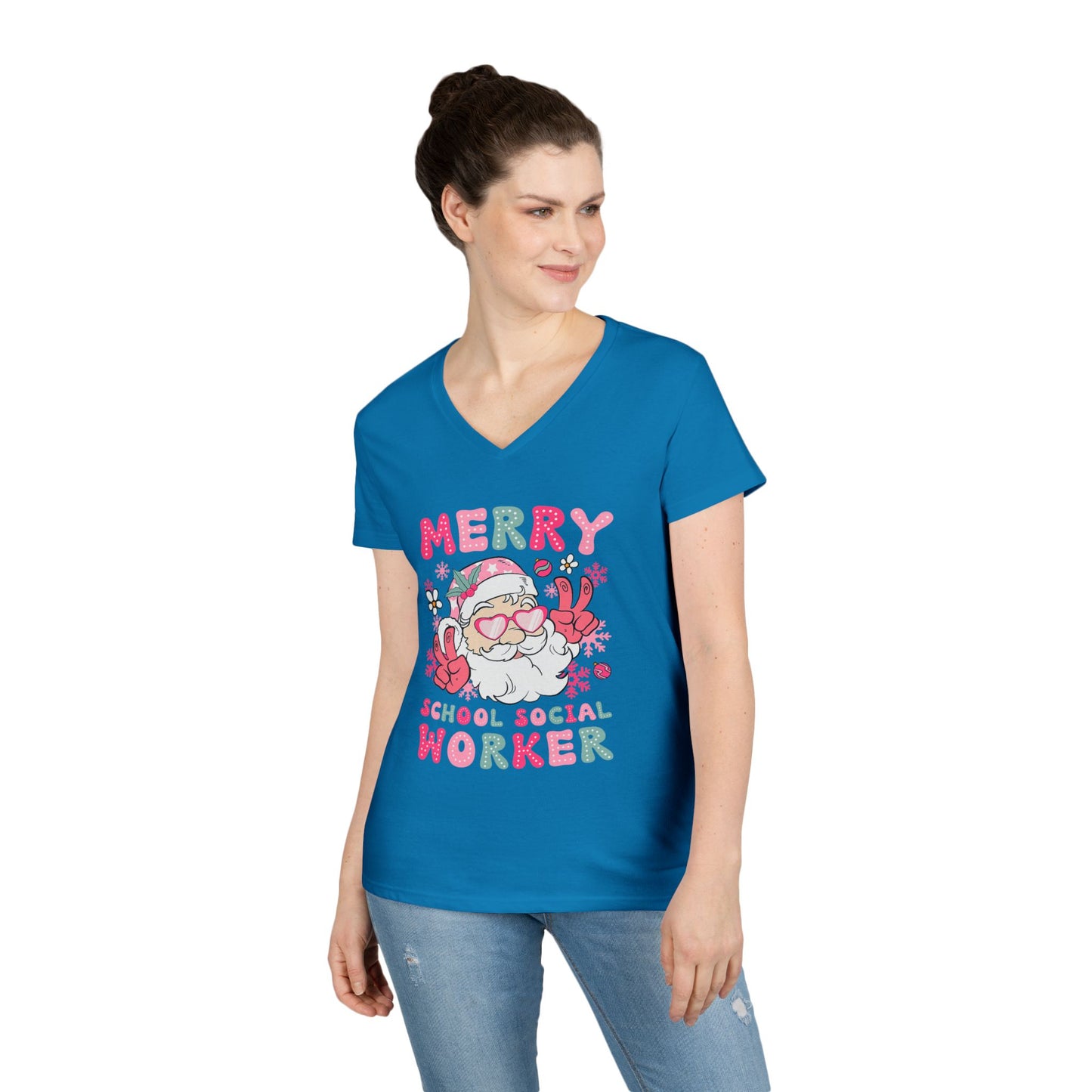 Merry School Social Worker V-Neck Tee — Cute Santa Holiday Shirt for Female Educators
