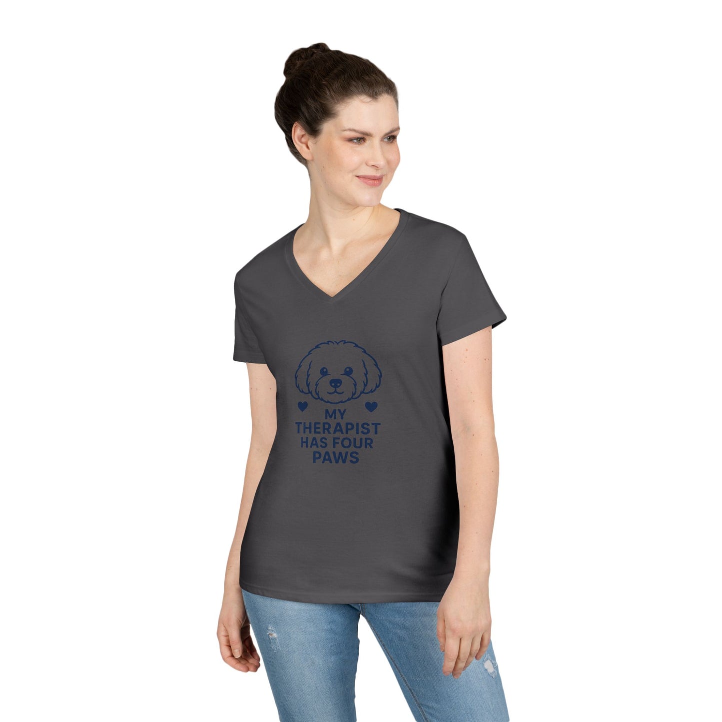 Dog Lover V-Neck Pet Tee — “My Therapist Has Four Paws” Women’s T‑Shirt