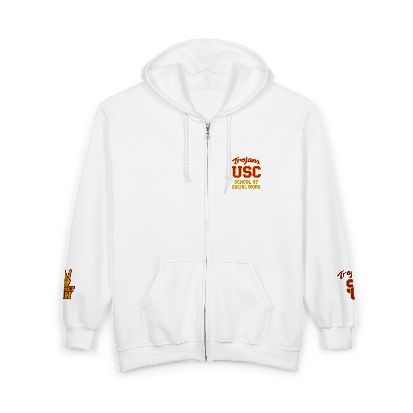 USC School of Social Work- Full-Zip Hoodie – Chest & Sleeve Logo Zip-Up Sweatshirt